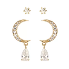 2 Set CZ Crescent Moon Earrings and Fake Diamond Studs 2 Pairs Earrings