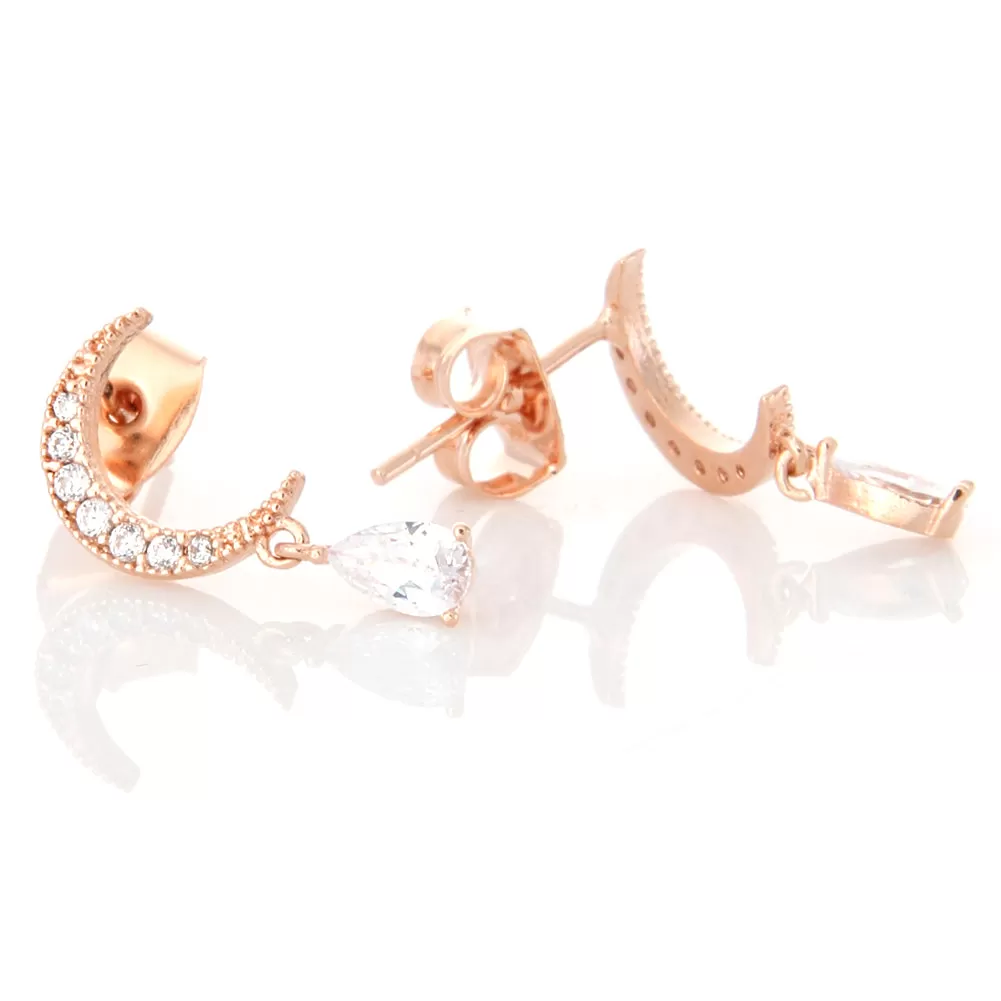 2 Set CZ Crescent Moon Earrings and Fake Diamond Studs 2 Pairs Earrings