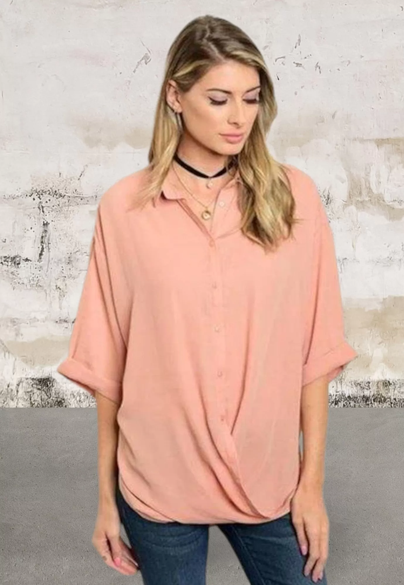 3/4 sleeve drape front chiffon blush top