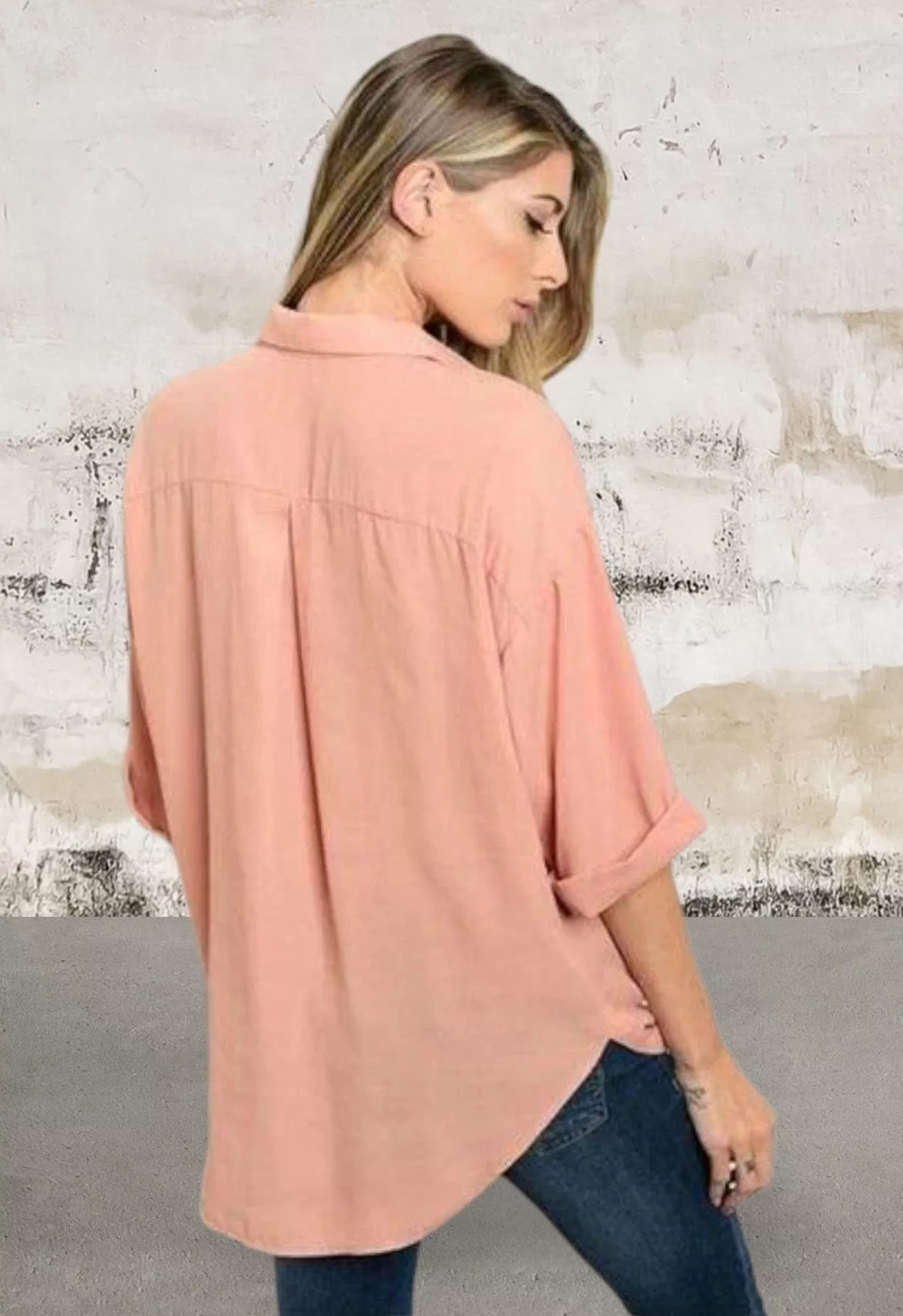 3/4 sleeve drape front chiffon blush top