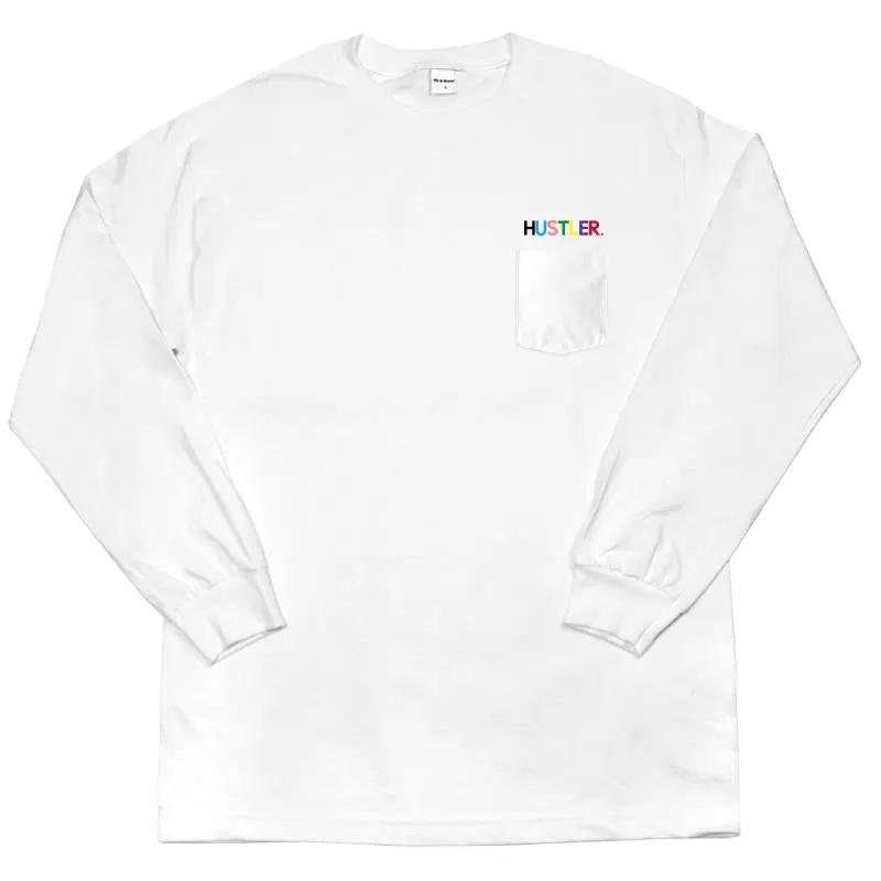 40s & Shorties Hustler Logo Embroided LS Tee w Pocket White.