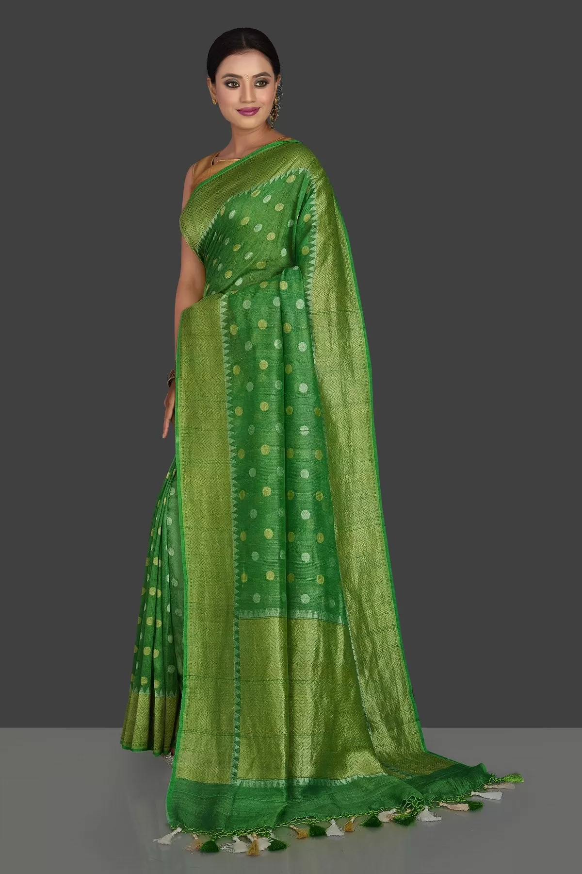 90J942-RO Light Green Tassar Georgette Banarsi Saree with Zari Border