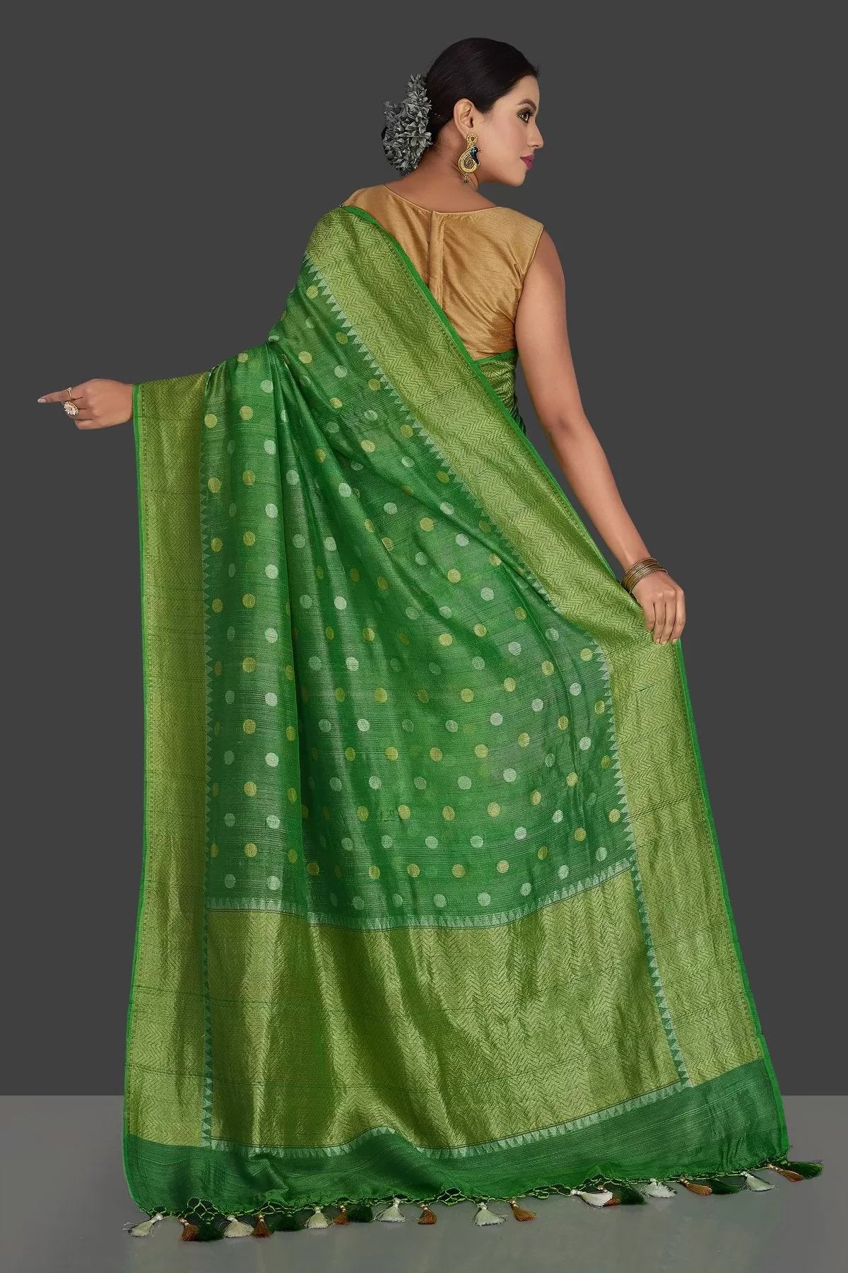 90J942-RO Light Green Tassar Georgette Banarsi Saree with Zari Border