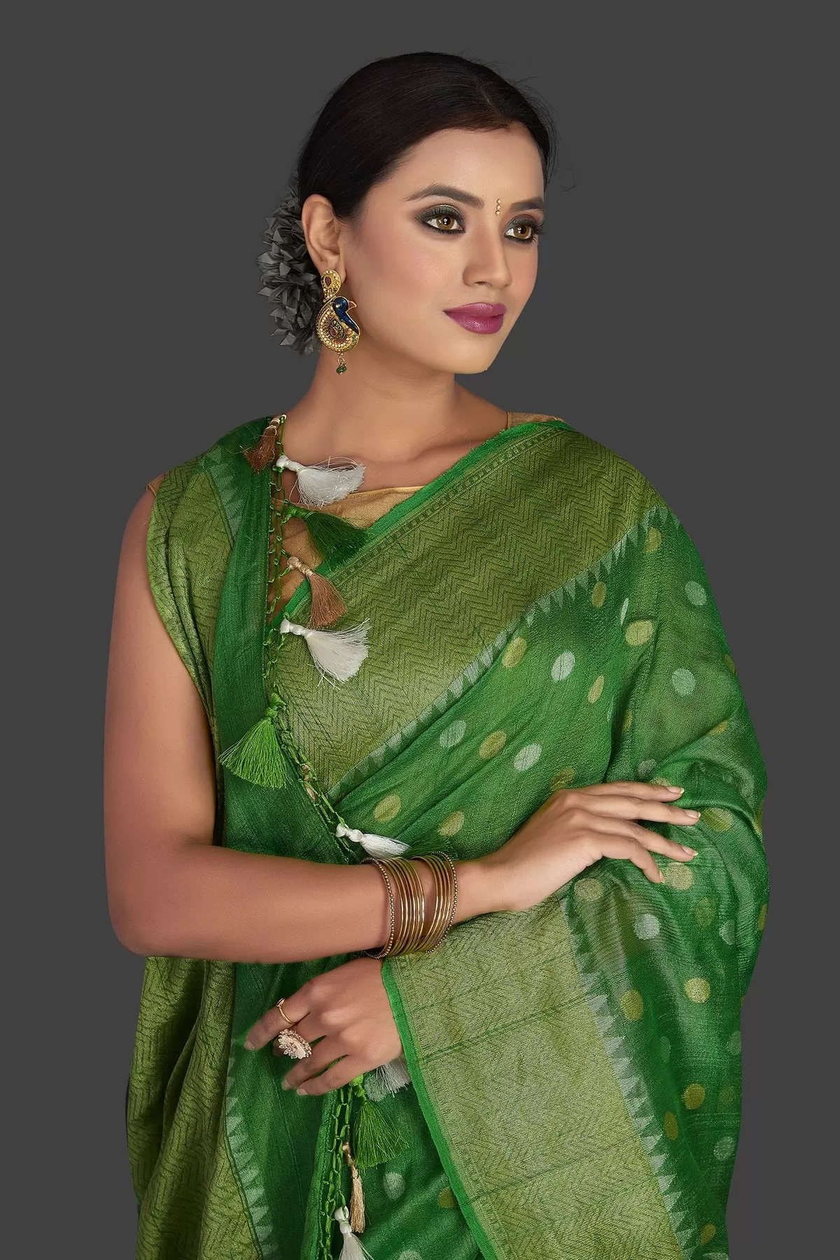 90J942-RO Light Green Tassar Georgette Banarsi Saree with Zari Border