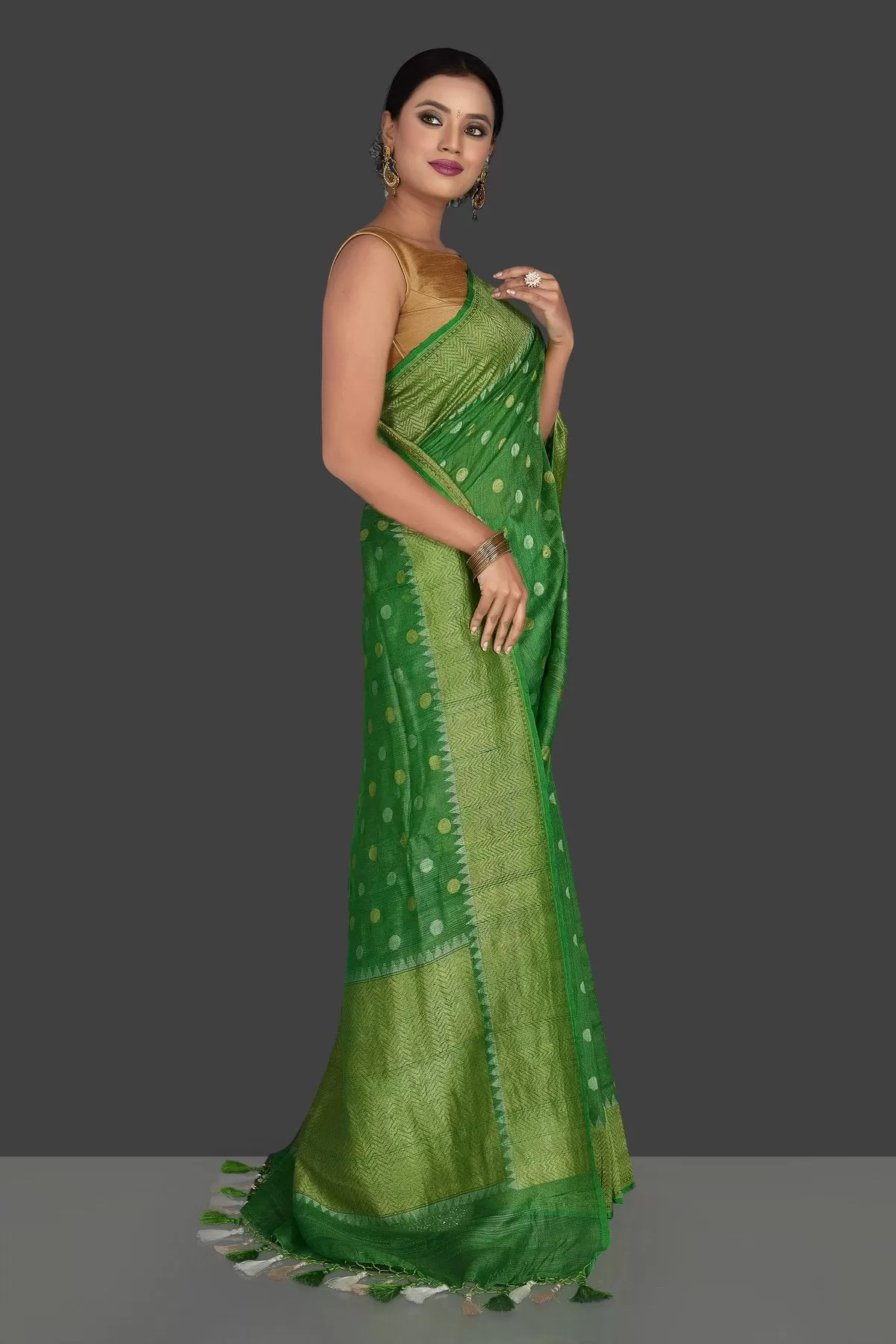 90J942-RO Light Green Tassar Georgette Banarsi Saree with Zari Border