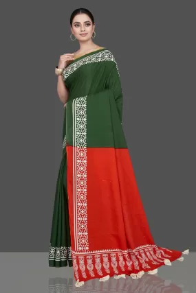 90L094 Green and Red Modal Silk Saree with Printed White Border