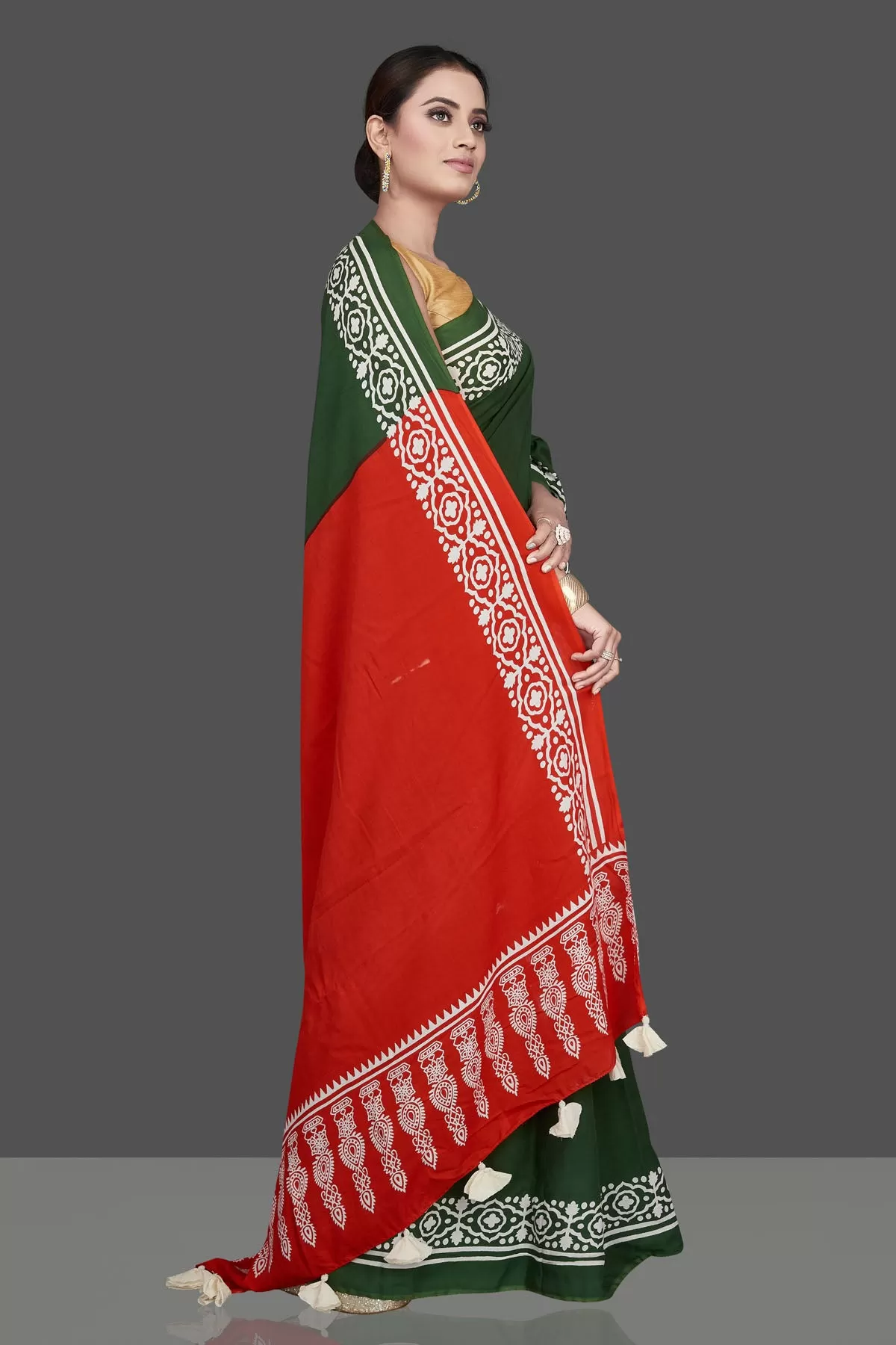 90L094 Green and Red Modal Silk Saree with Printed White Border