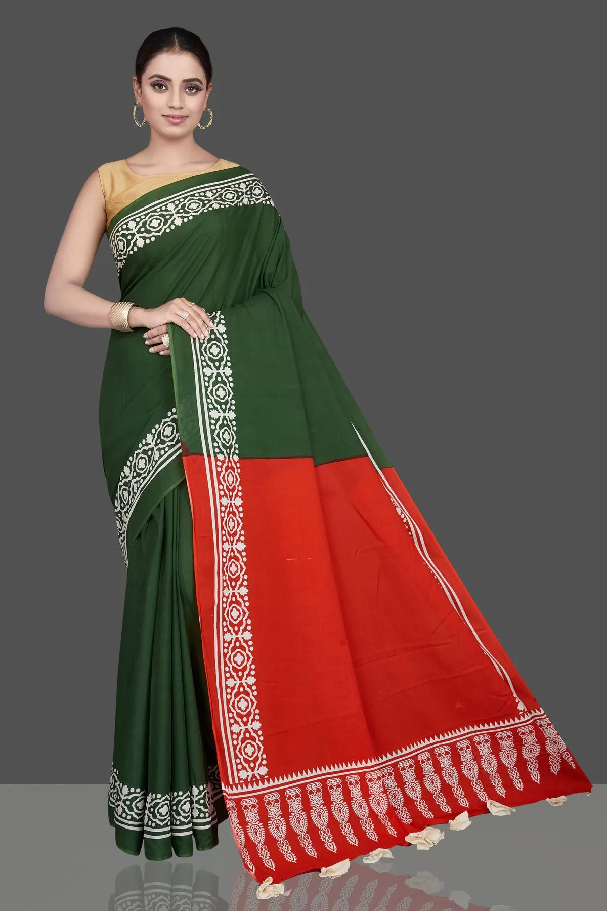 90L094 Green and Red Modal Silk Saree with Printed White Border