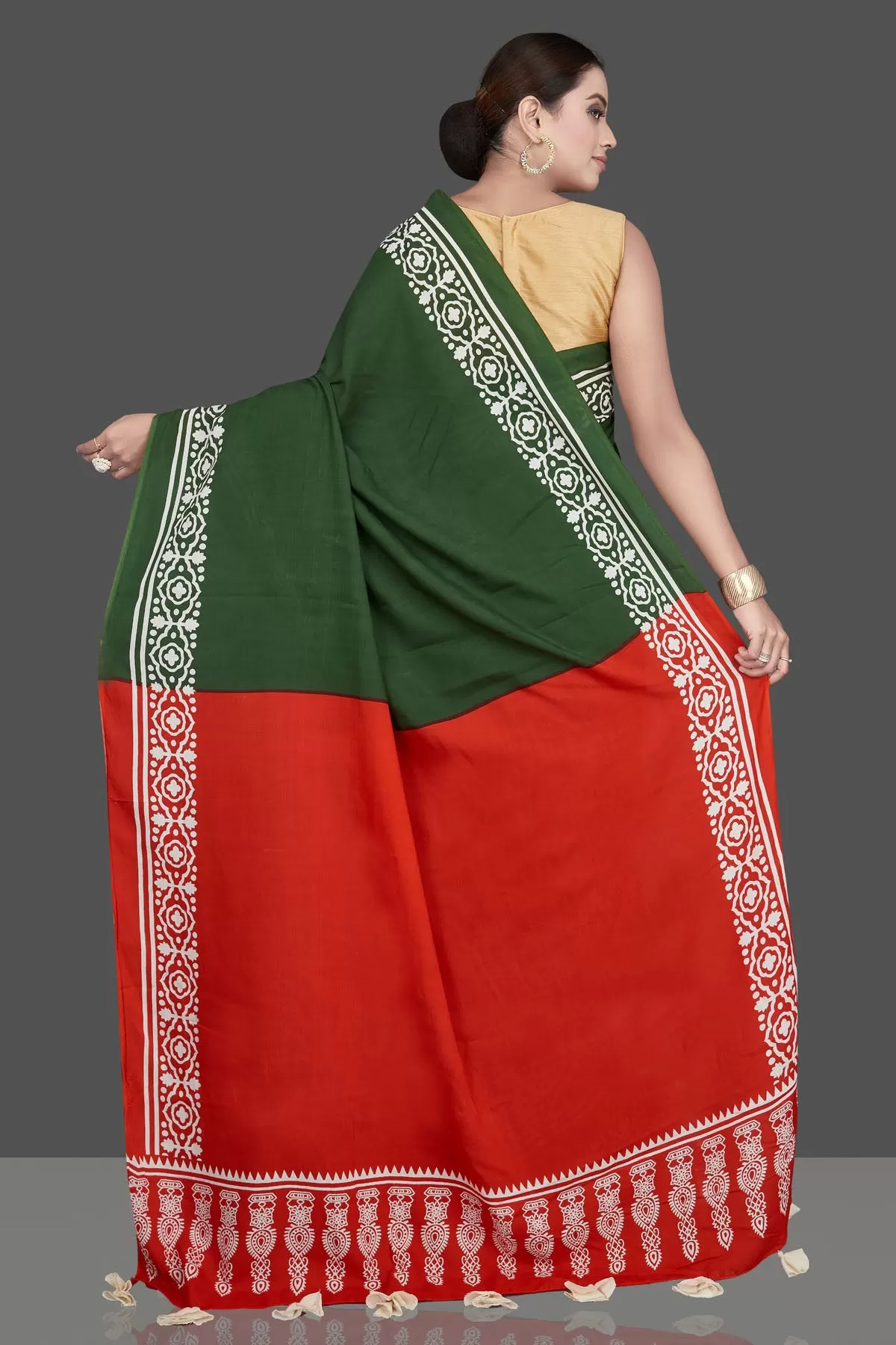 90L094 Green and Red Modal Silk Saree with Printed White Border