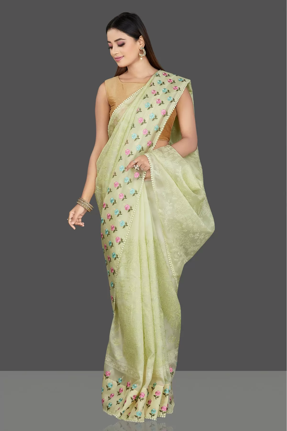 90L837 Pista Green Organza Chikankari Saree with Flower Border