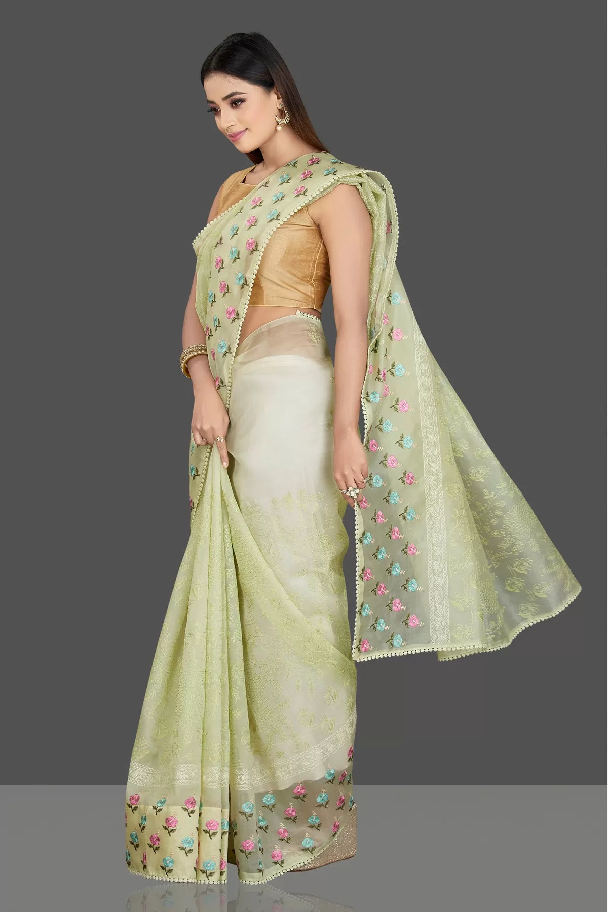 90L837 Pista Green Organza Chikankari Saree with Flower Border