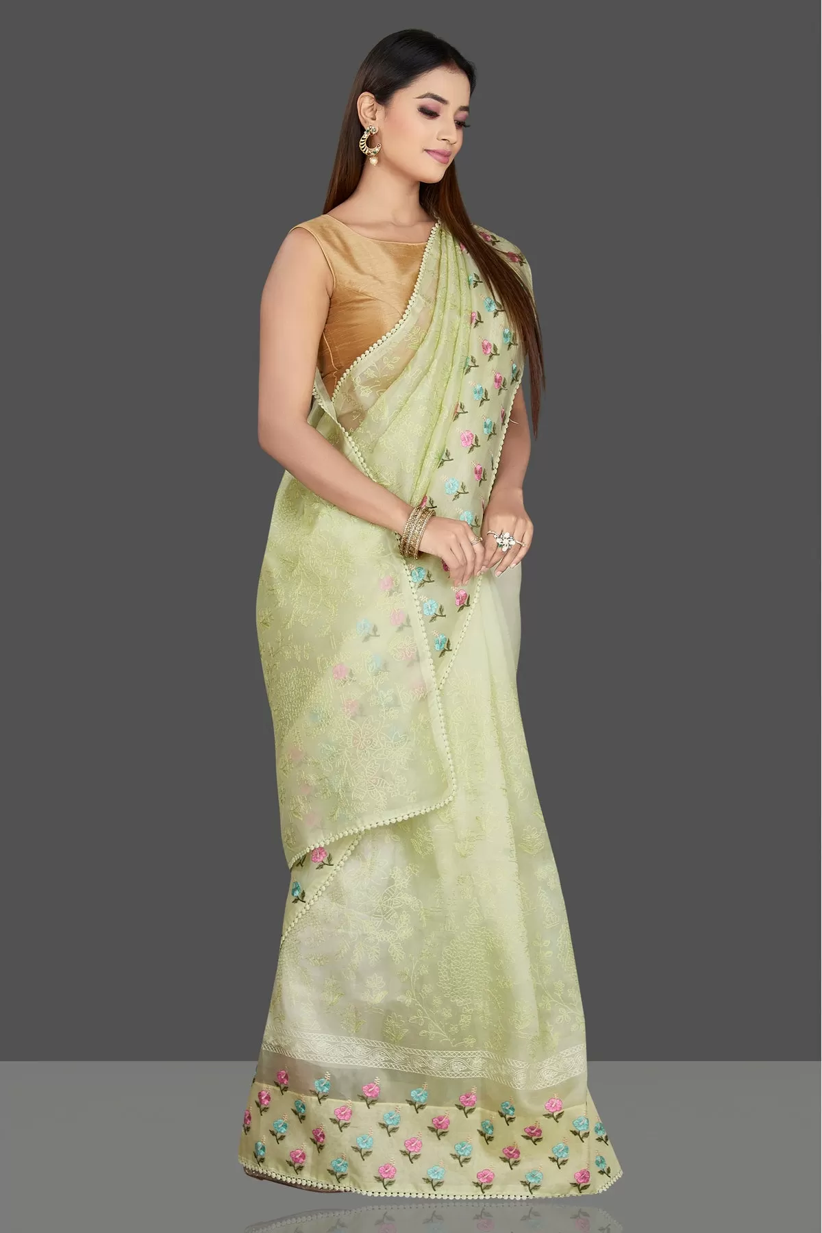 90L837 Pista Green Organza Chikankari Saree with Flower Border