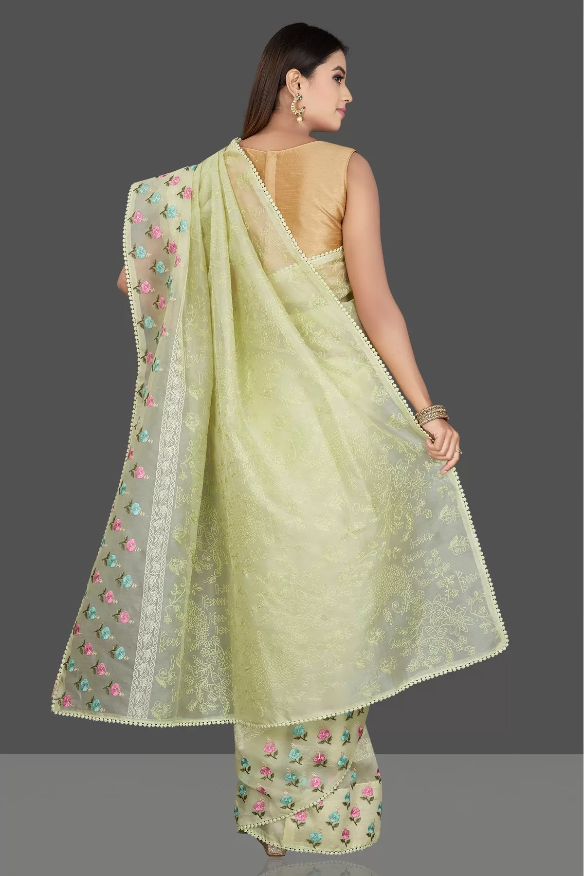 90L837 Pista Green Organza Chikankari Saree with Flower Border