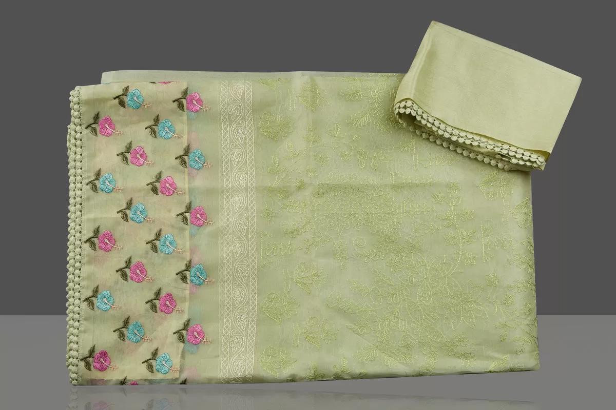 90L837 Pista Green Organza Chikankari Saree with Flower Border