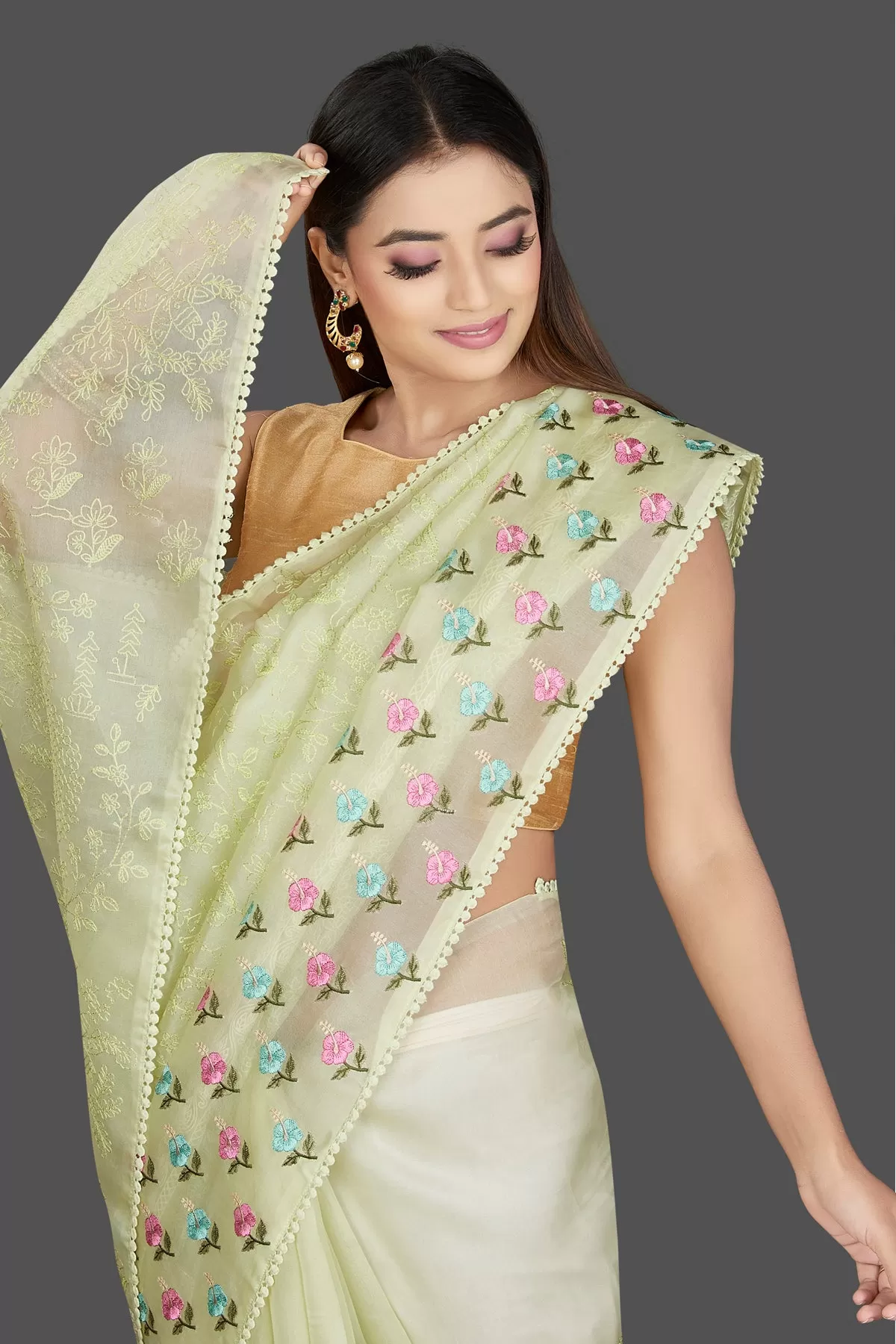 90L837 Pista Green Organza Chikankari Saree with Flower Border