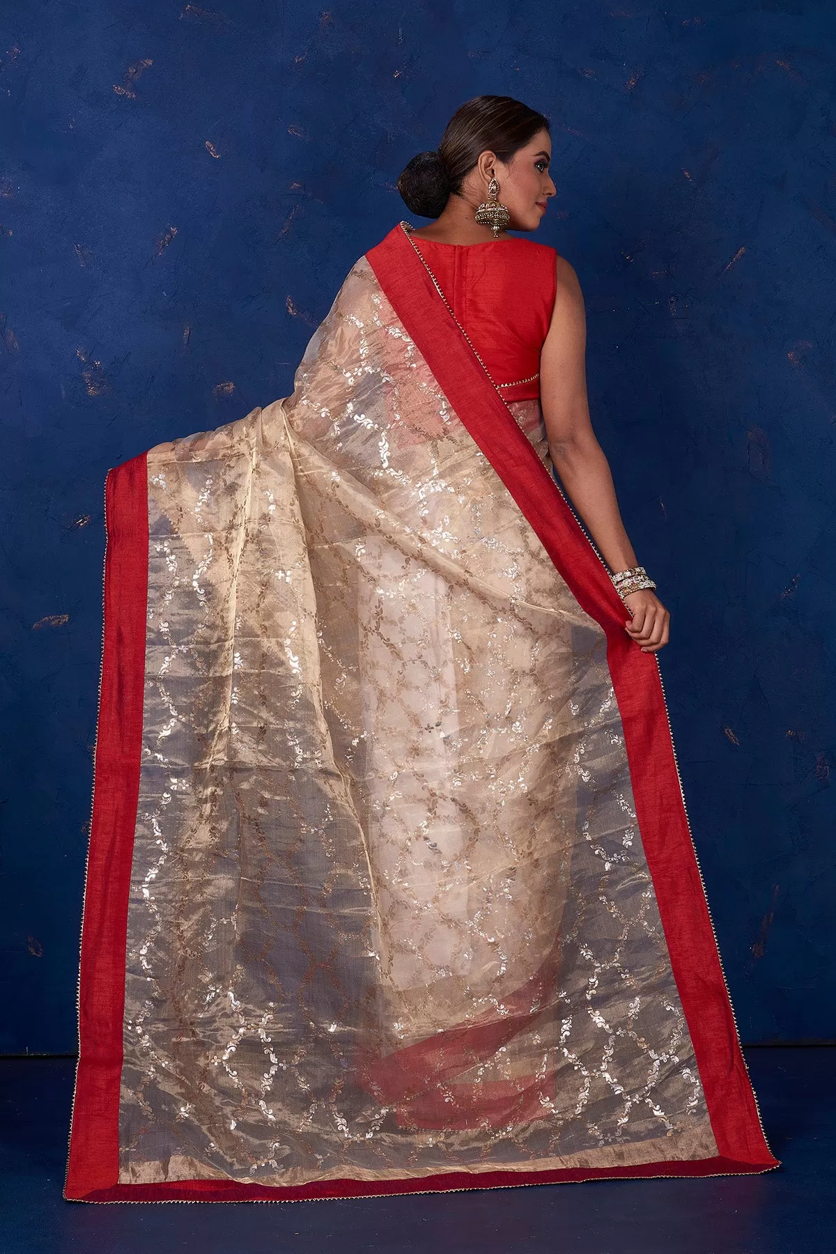 90M161 Beige Foil Print Organza Saree with Red Border