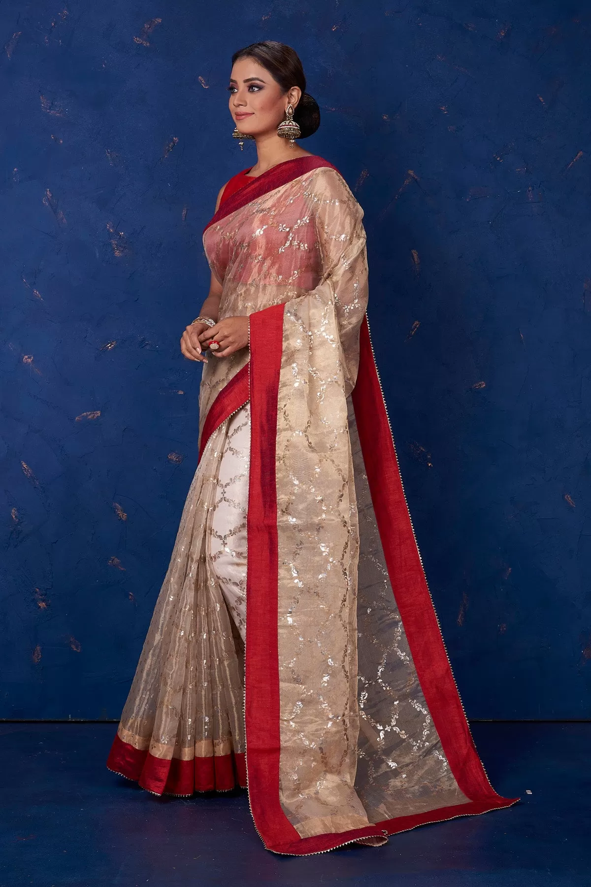 90M161 Beige Foil Print Organza Saree with Red Border