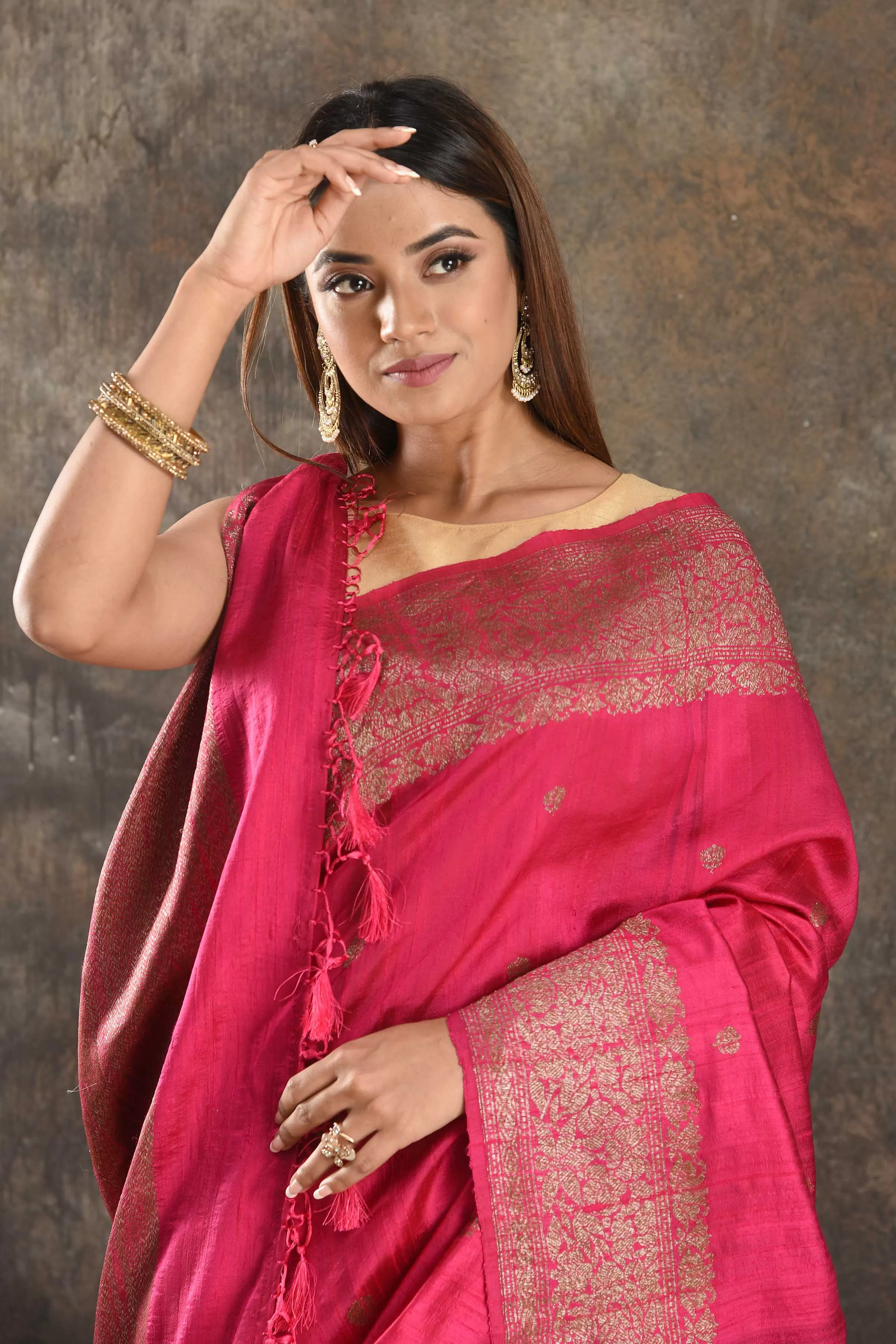 90N405-RO Dark Pink Tussar Banarasi Saree with Antique Zari Border