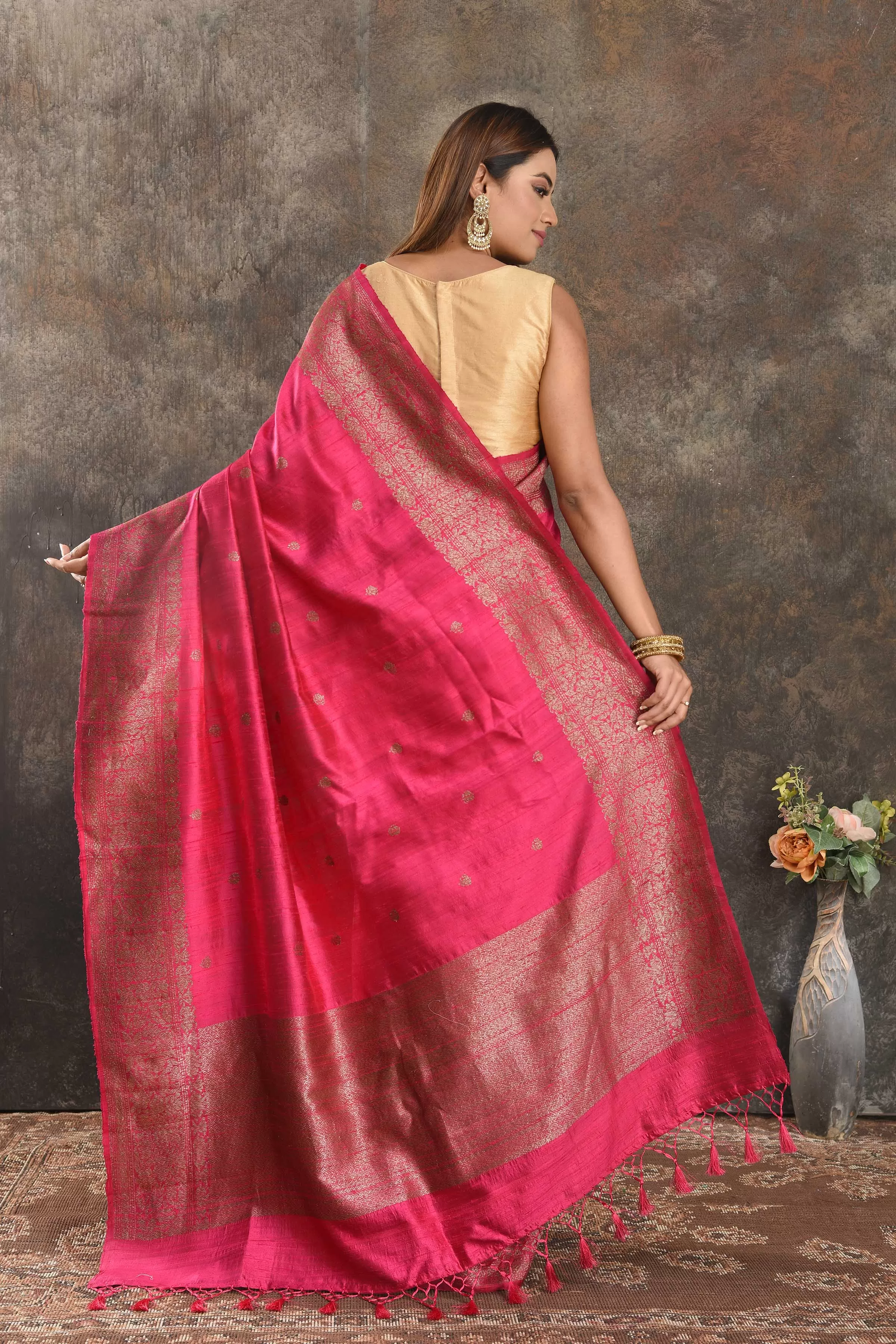 90N405-RO Dark Pink Tussar Banarasi Saree with Antique Zari Border