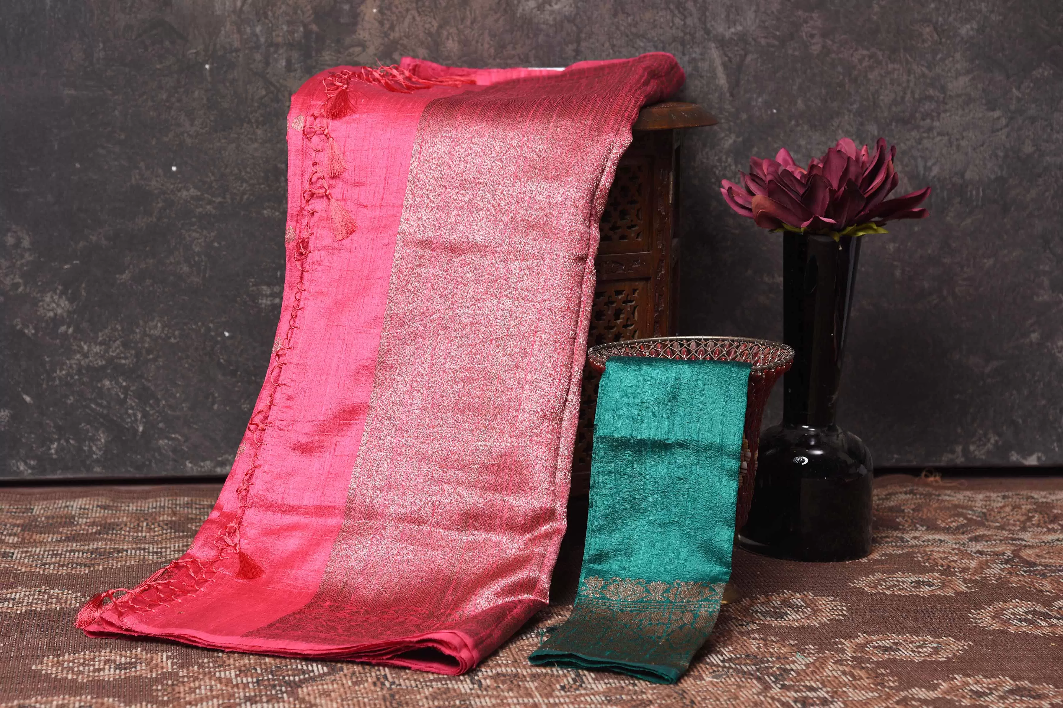 90N405-RO Dark Pink Tussar Banarasi Saree with Antique Zari Border