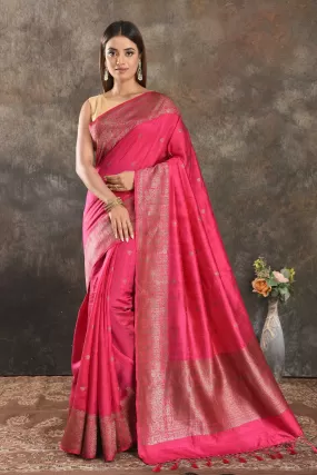 90N405-RO Dark Pink Tussar Banarasi Saree with Antique Zari Border