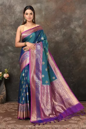 90N452-RO Bluish Green Banarasi Saree with Zari Buta and Border