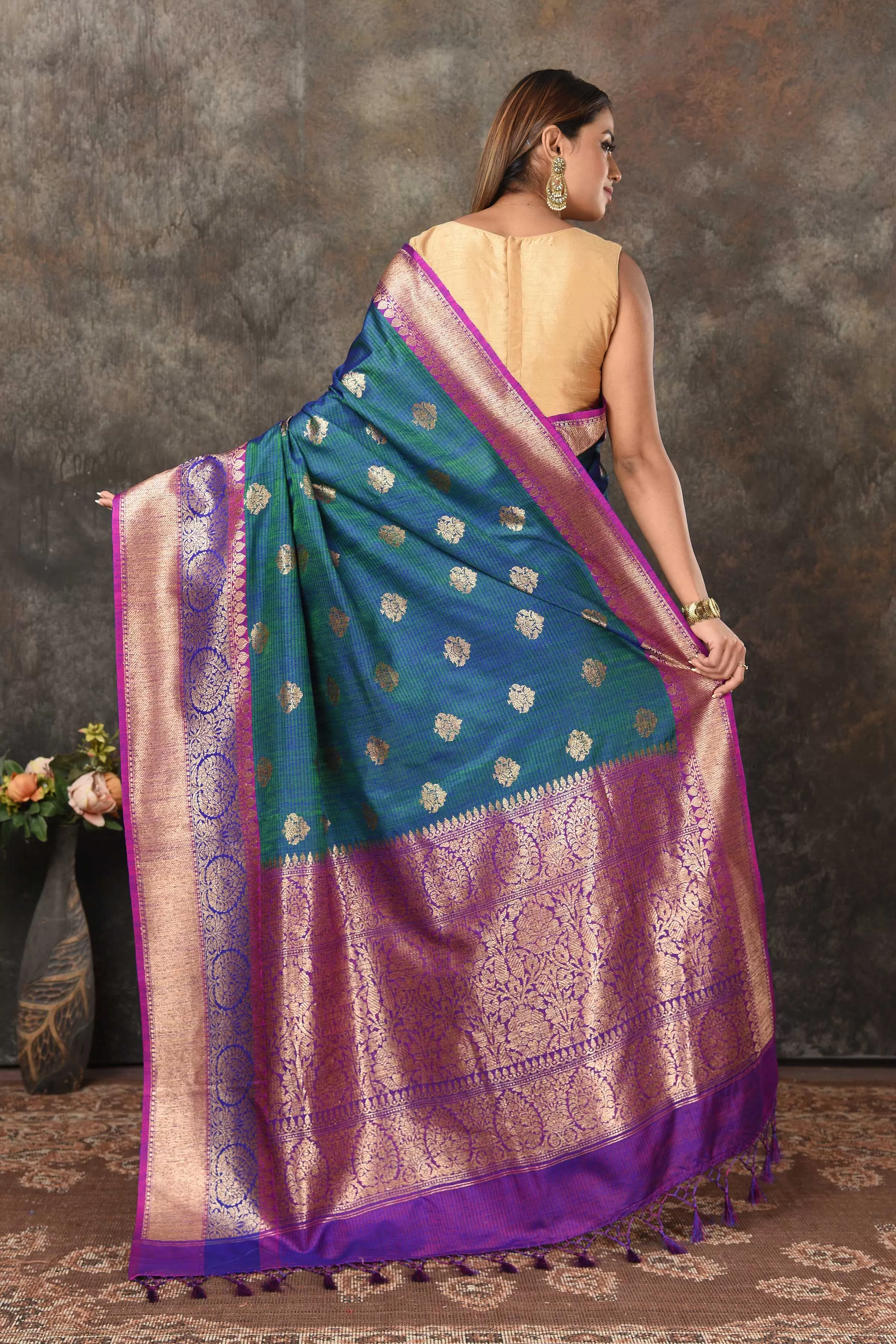 90N452-RO Bluish Green Banarasi Saree with Zari Buta and Border