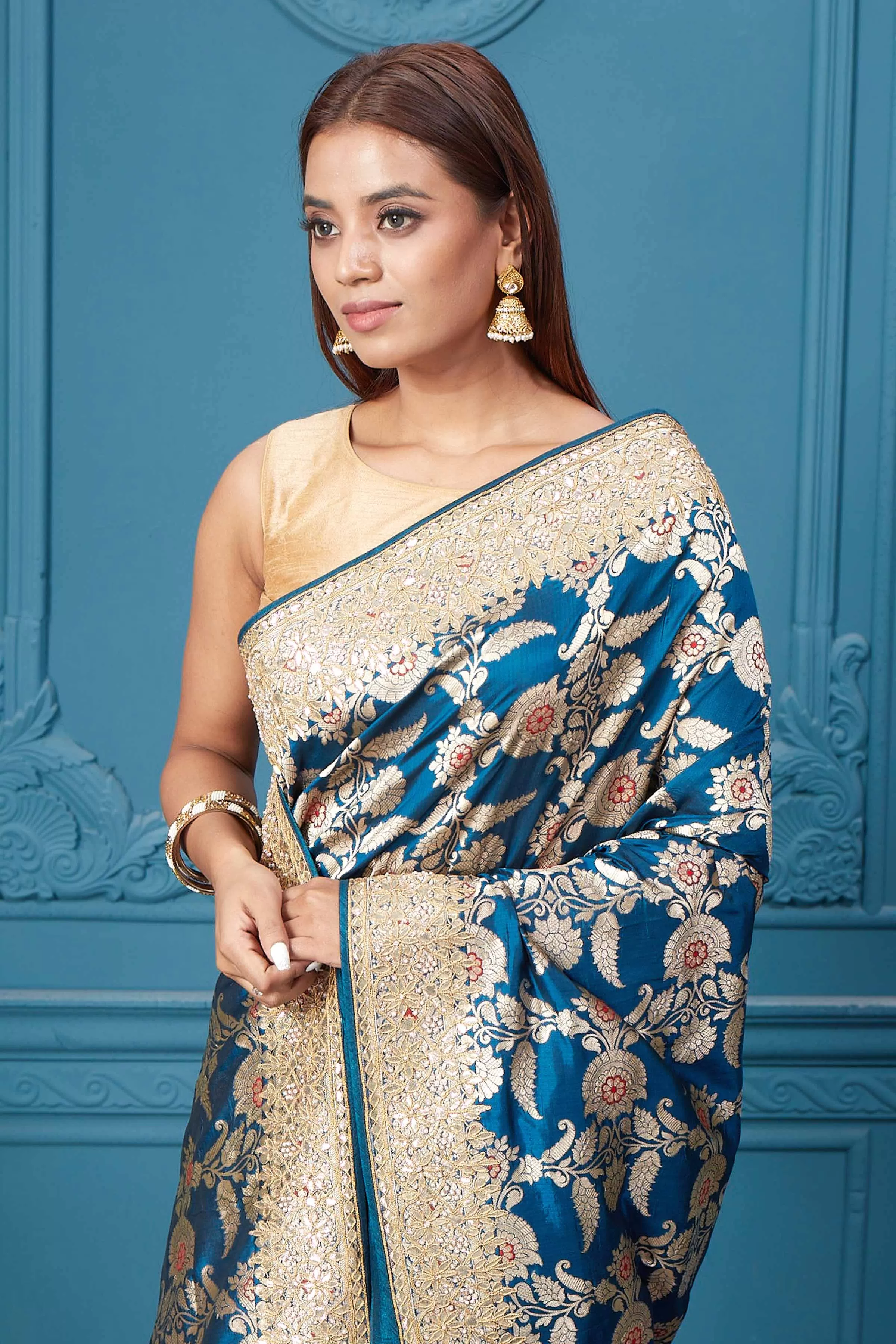 91A040 Sea Blue Banarasi Silk Saree with Zari Minakari Work