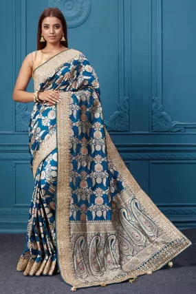 91A040 Sea Blue Banarasi Silk Saree with Zari Minakari Work