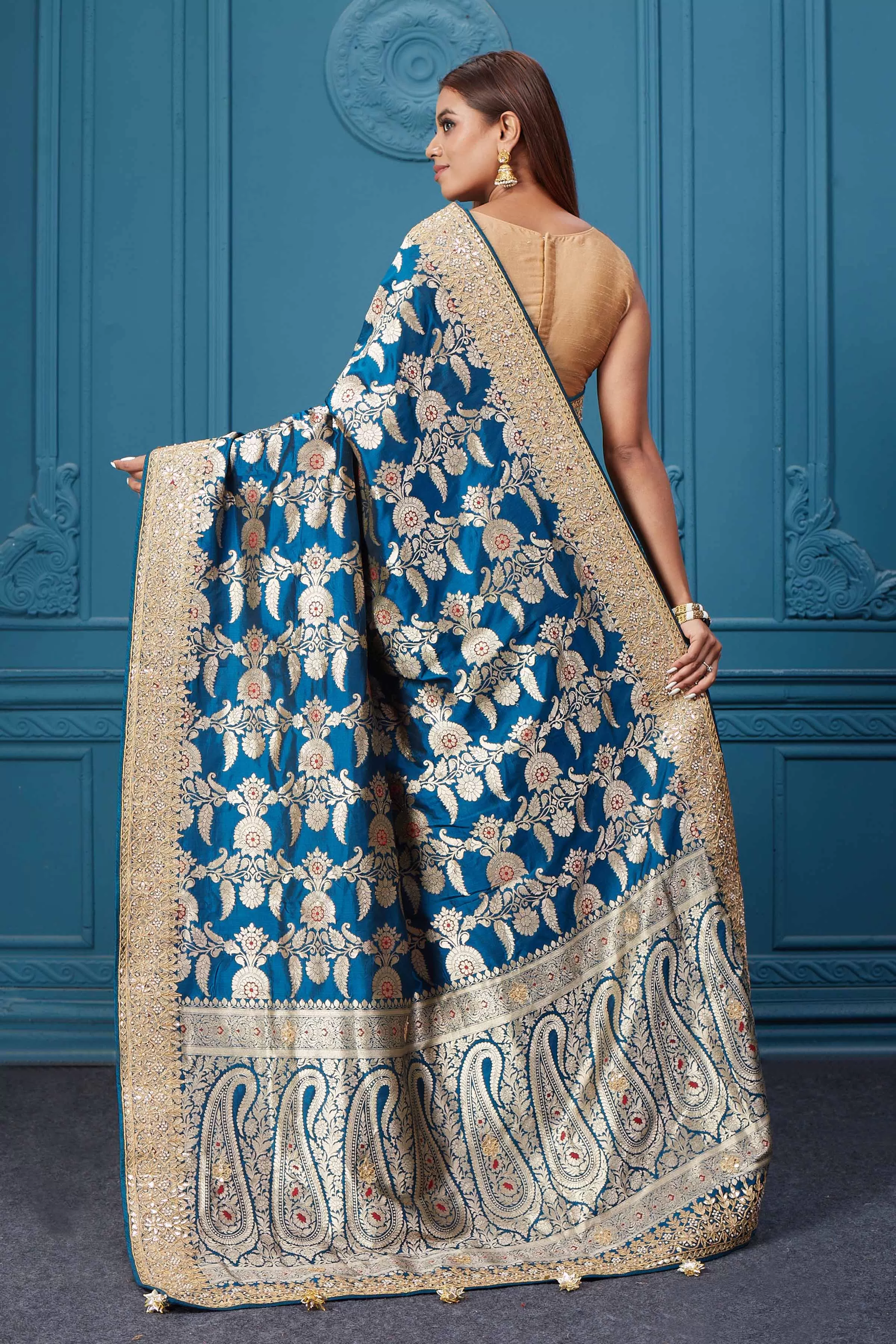 91A040 Sea Blue Banarasi Silk Saree with Zari Minakari Work