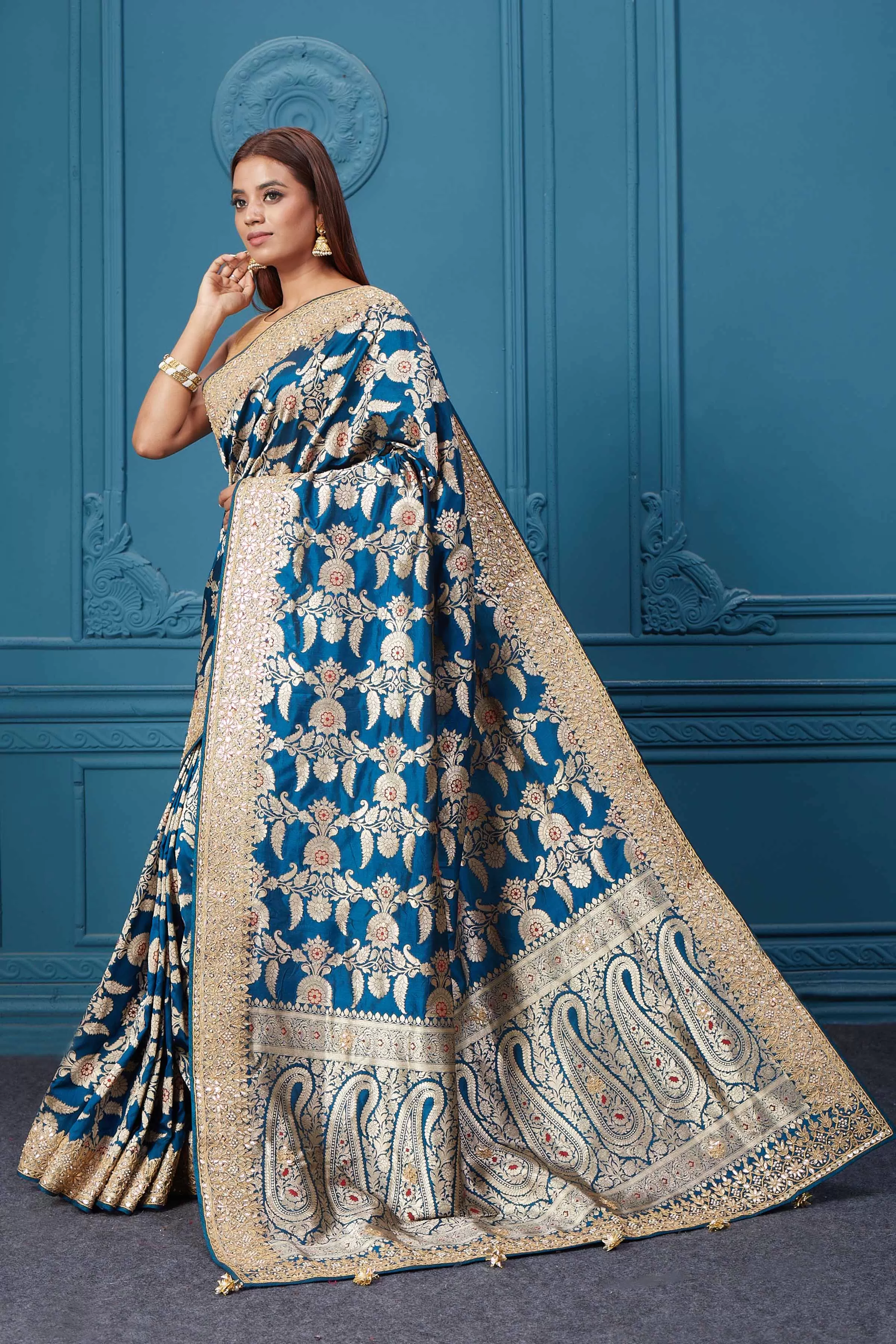 91A040 Sea Blue Banarasi Silk Saree with Zari Minakari Work