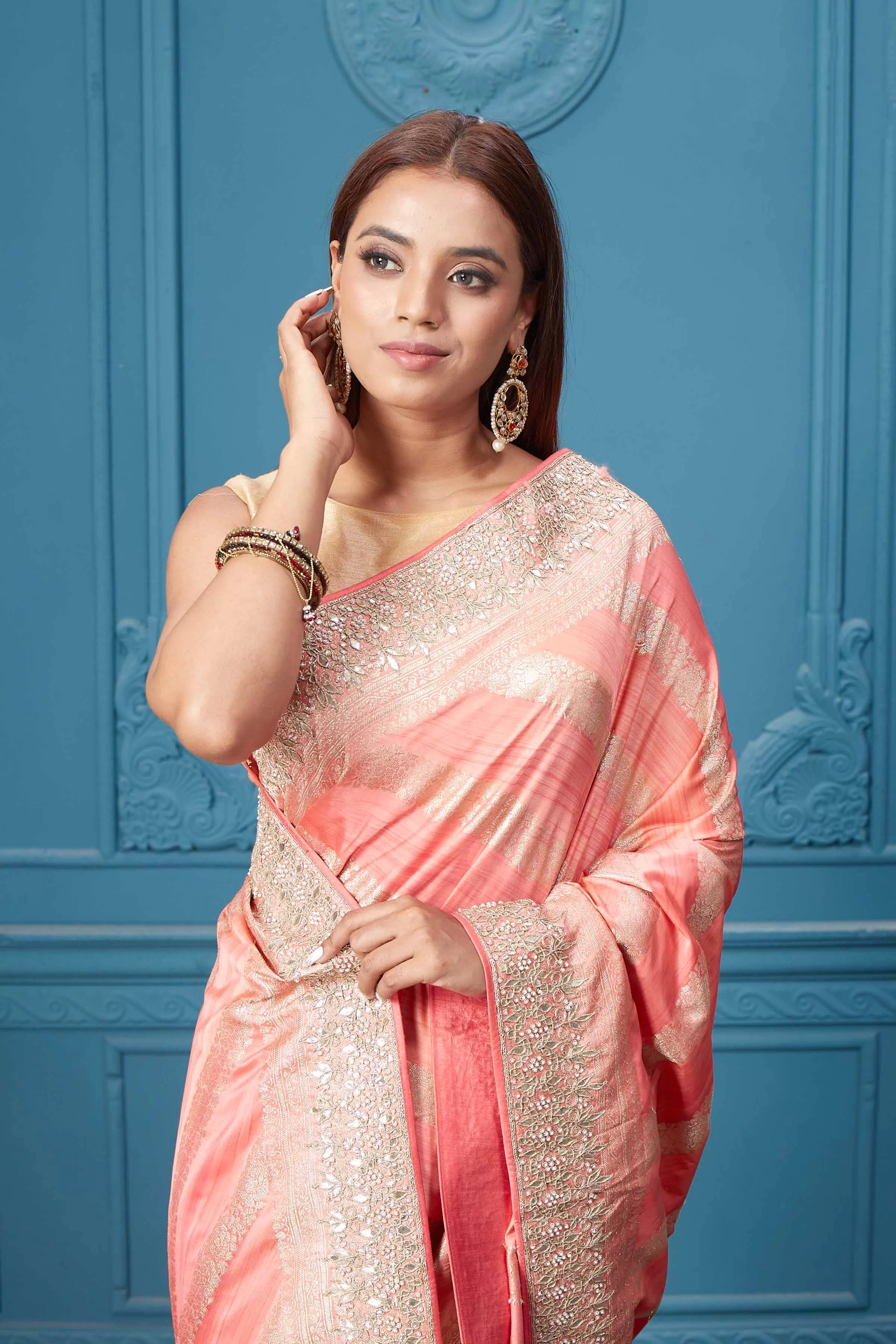 91A051 Light Pink Banarasi Silk Saree with Embroidery