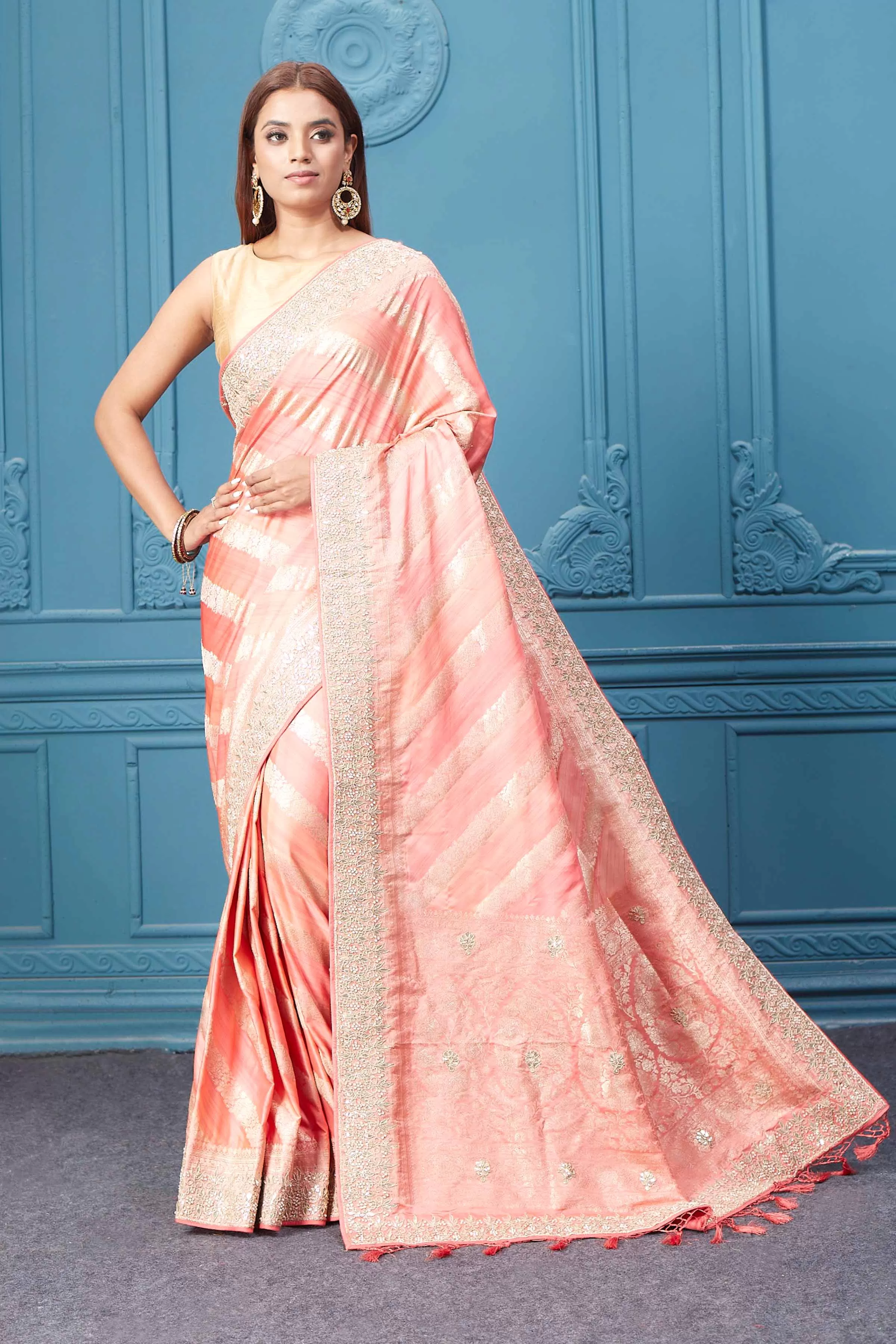 91A051 Light Pink Banarasi Silk Saree with Embroidery