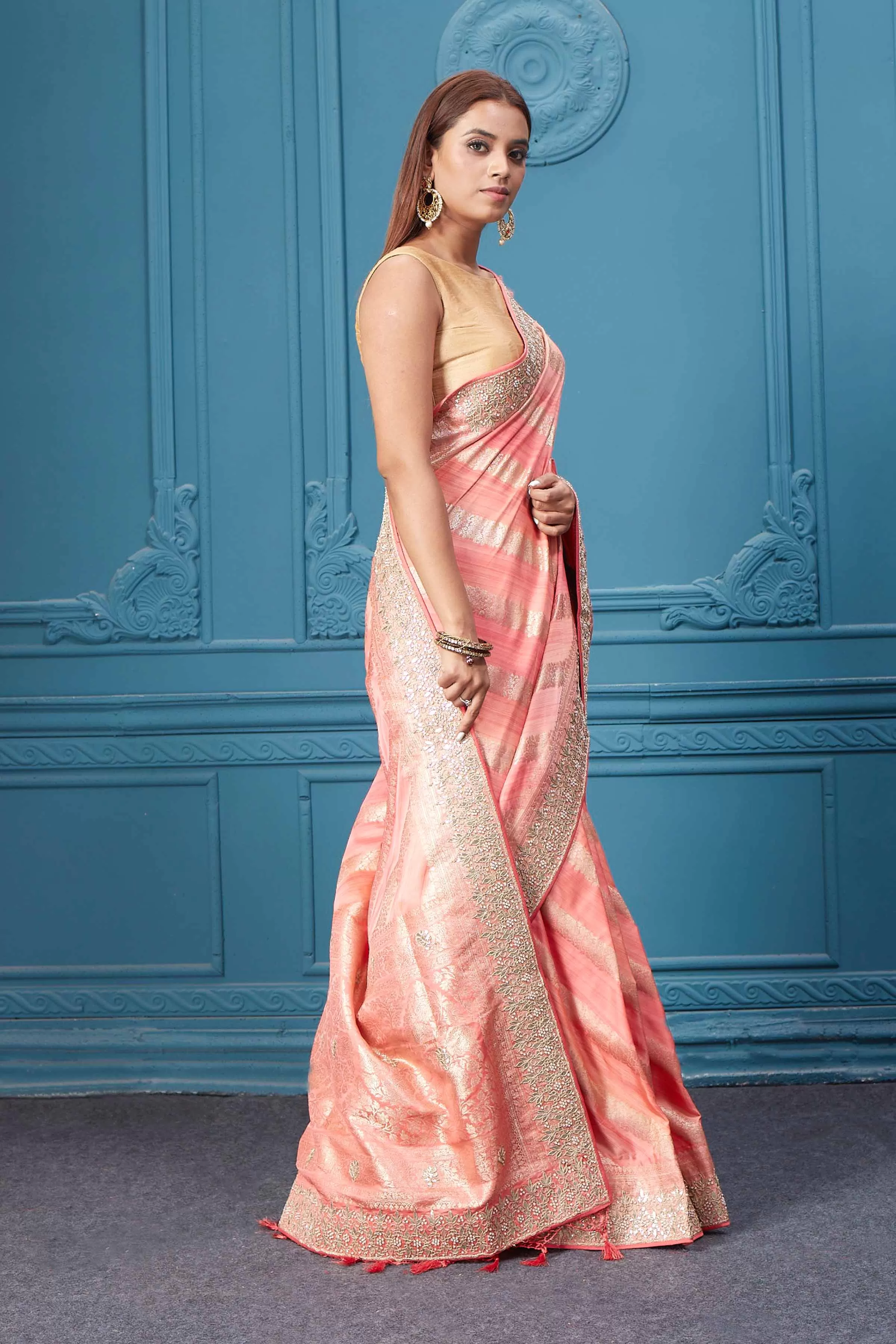 91A051 Light Pink Banarasi Silk Saree with Embroidery