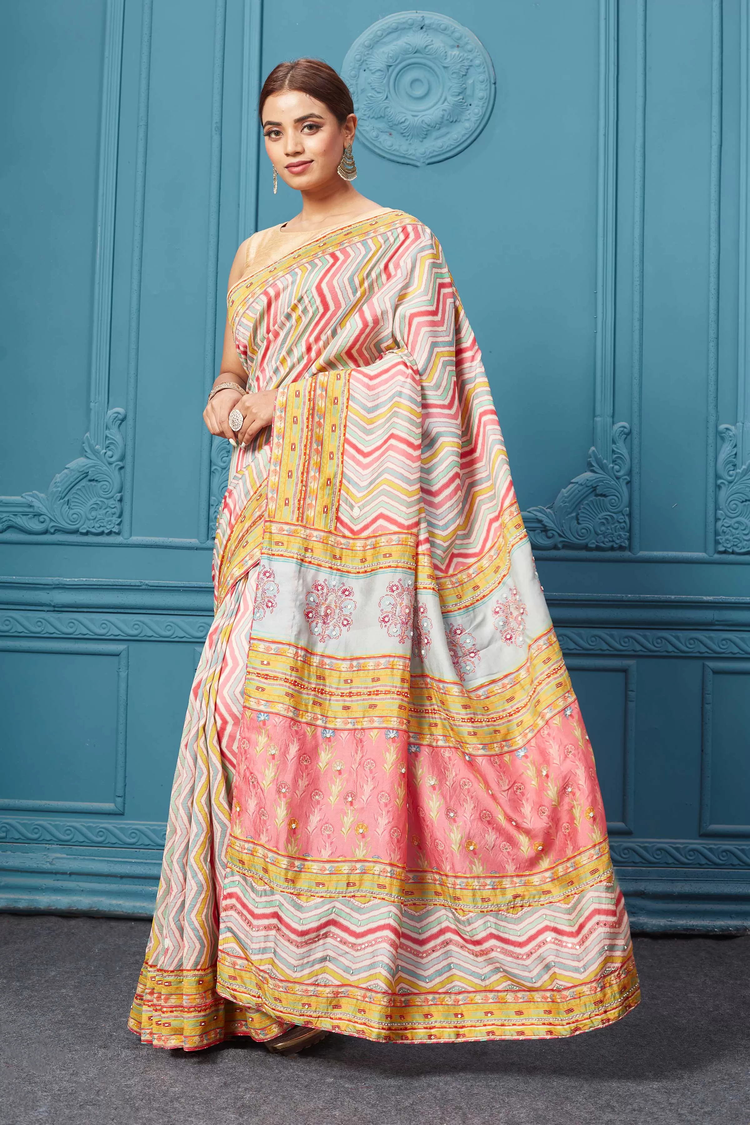 91A095 Pastel Multicolor Chevron Mulberry Silk Embroidered Saree