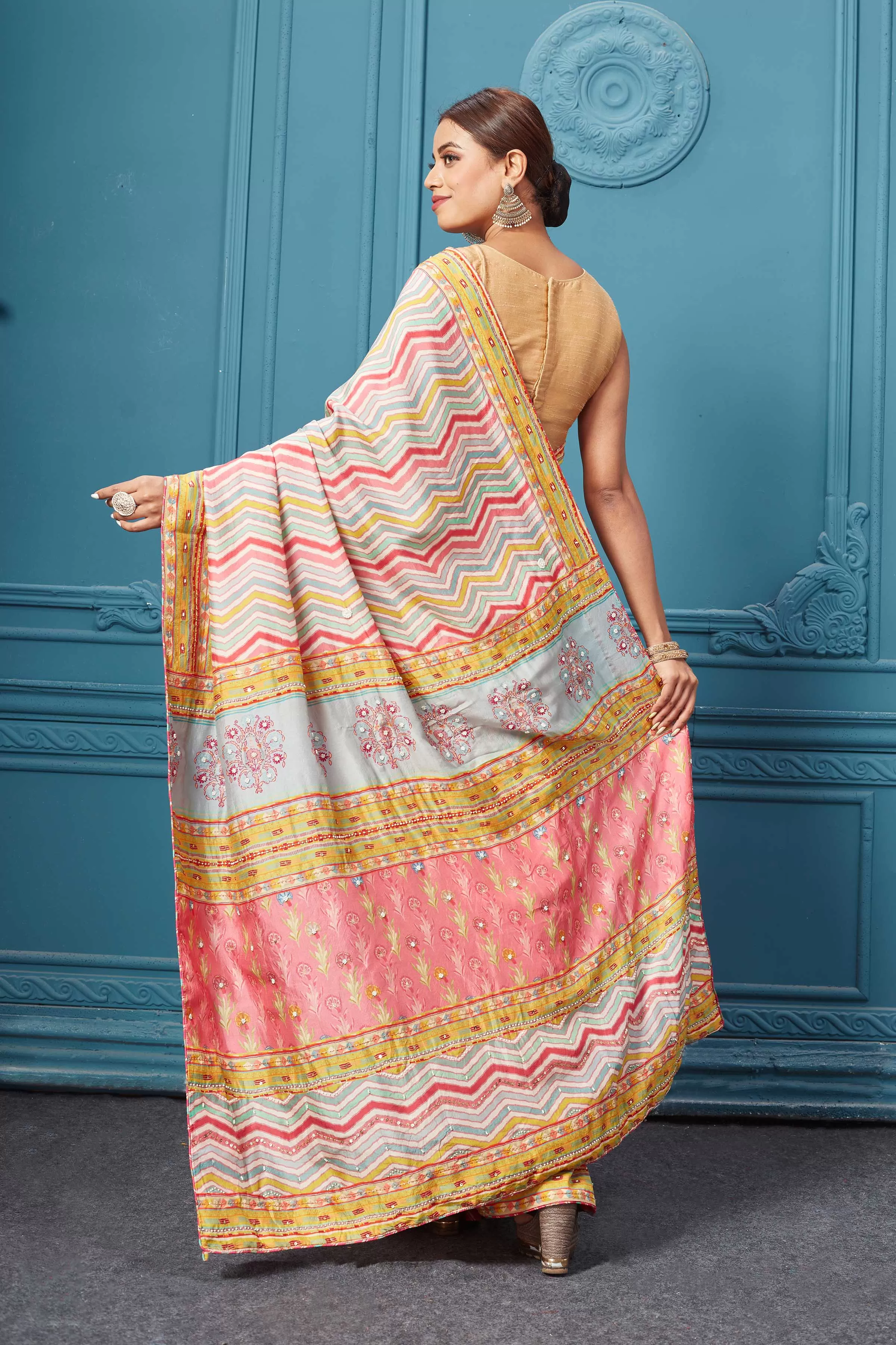 91A095 Pastel Multicolor Chevron Mulberry Silk Embroidered Saree