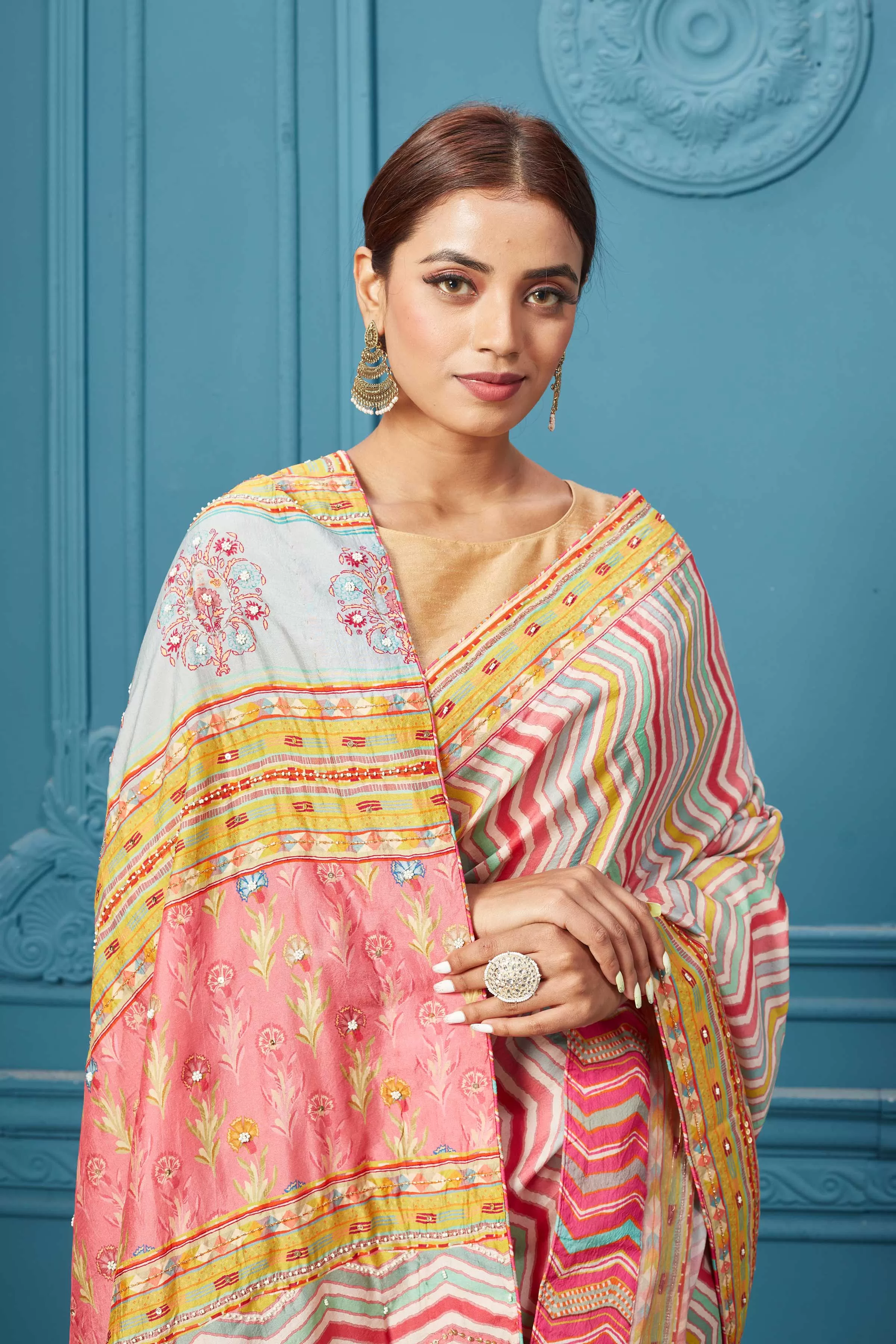 91A095 Pastel Multicolor Chevron Mulberry Silk Embroidered Saree