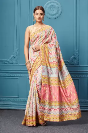 91A095 Pastel Multicolor Chevron Mulberry Silk Embroidered Saree