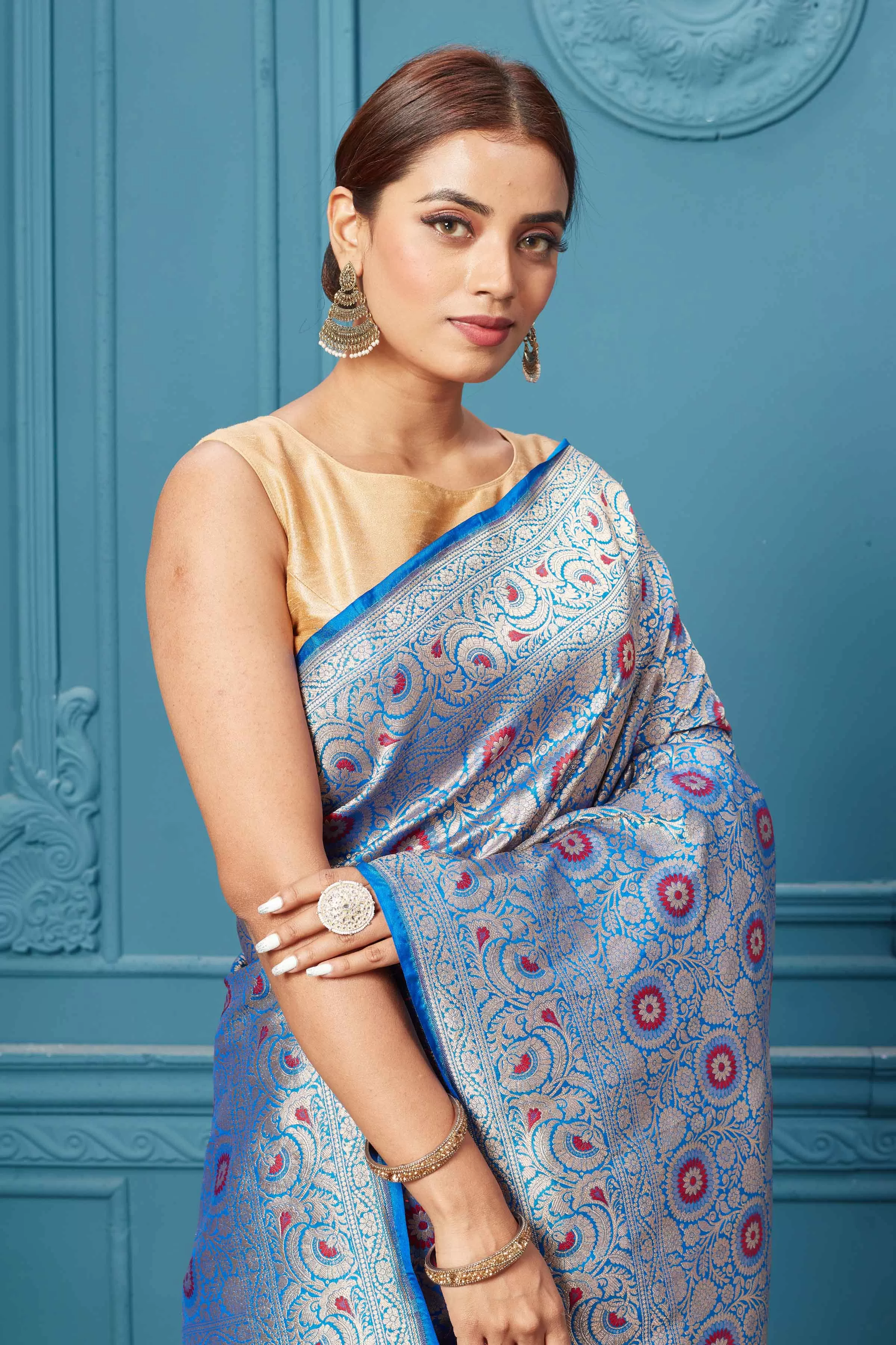 91A124 Blue Katan Silk Saree with Zari Minakari Jaal