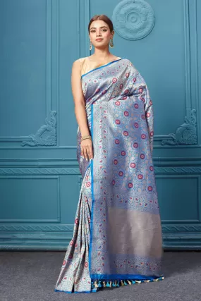 91A124 Blue Katan Silk Saree with Zari Minakari Jaal