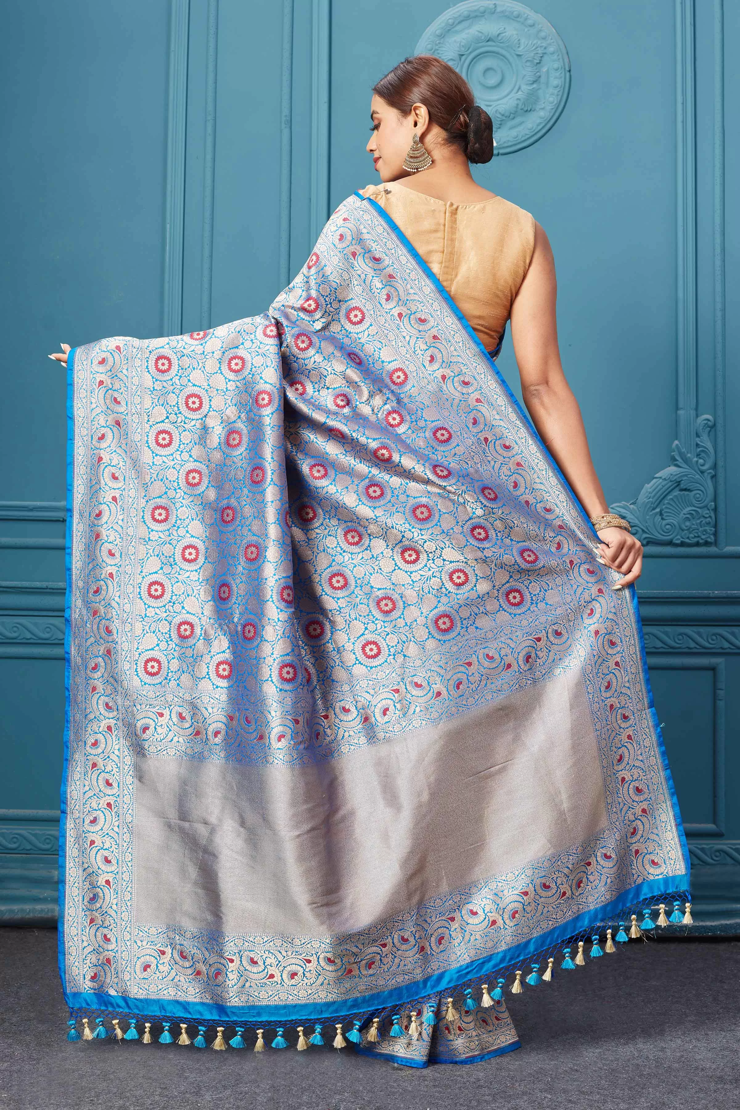 91A124 Blue Katan Silk Saree with Zari Minakari Jaal