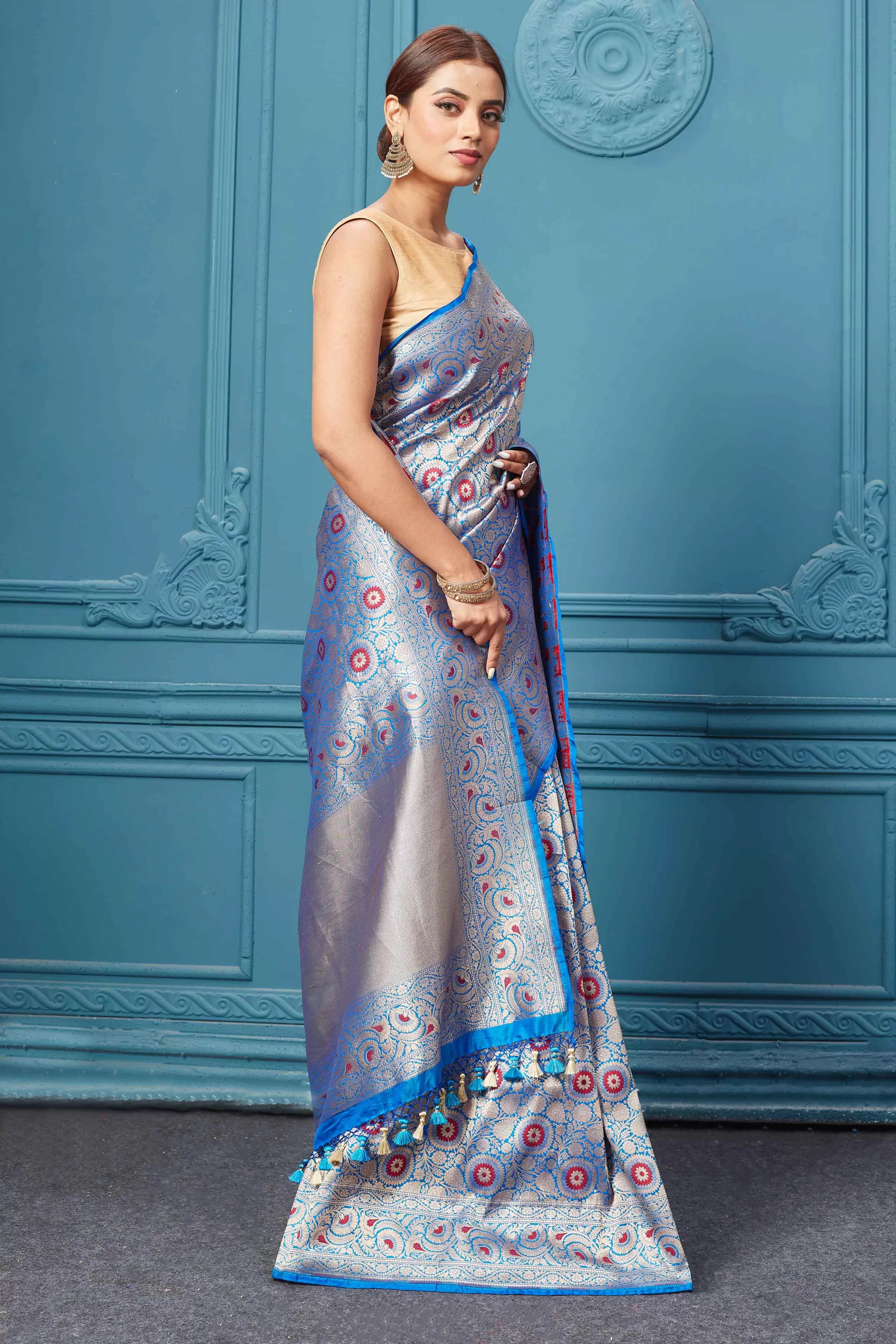 91A124 Blue Katan Silk Saree with Zari Minakari Jaal