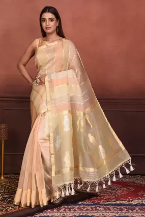 91A144 Peach Striped Zari Organza Banarasi Saree