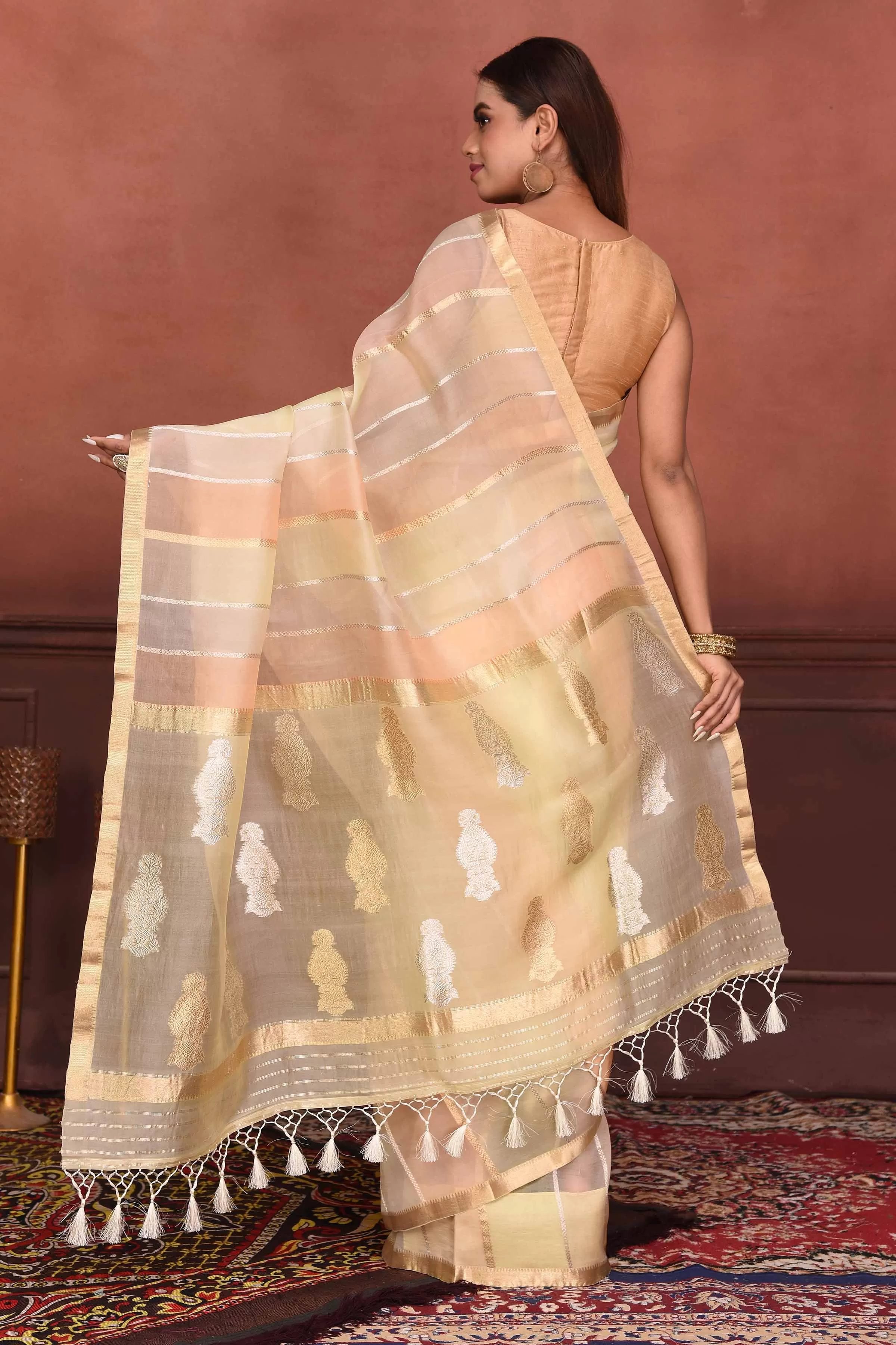 91A144 Peach Striped Zari Organza Banarasi Saree