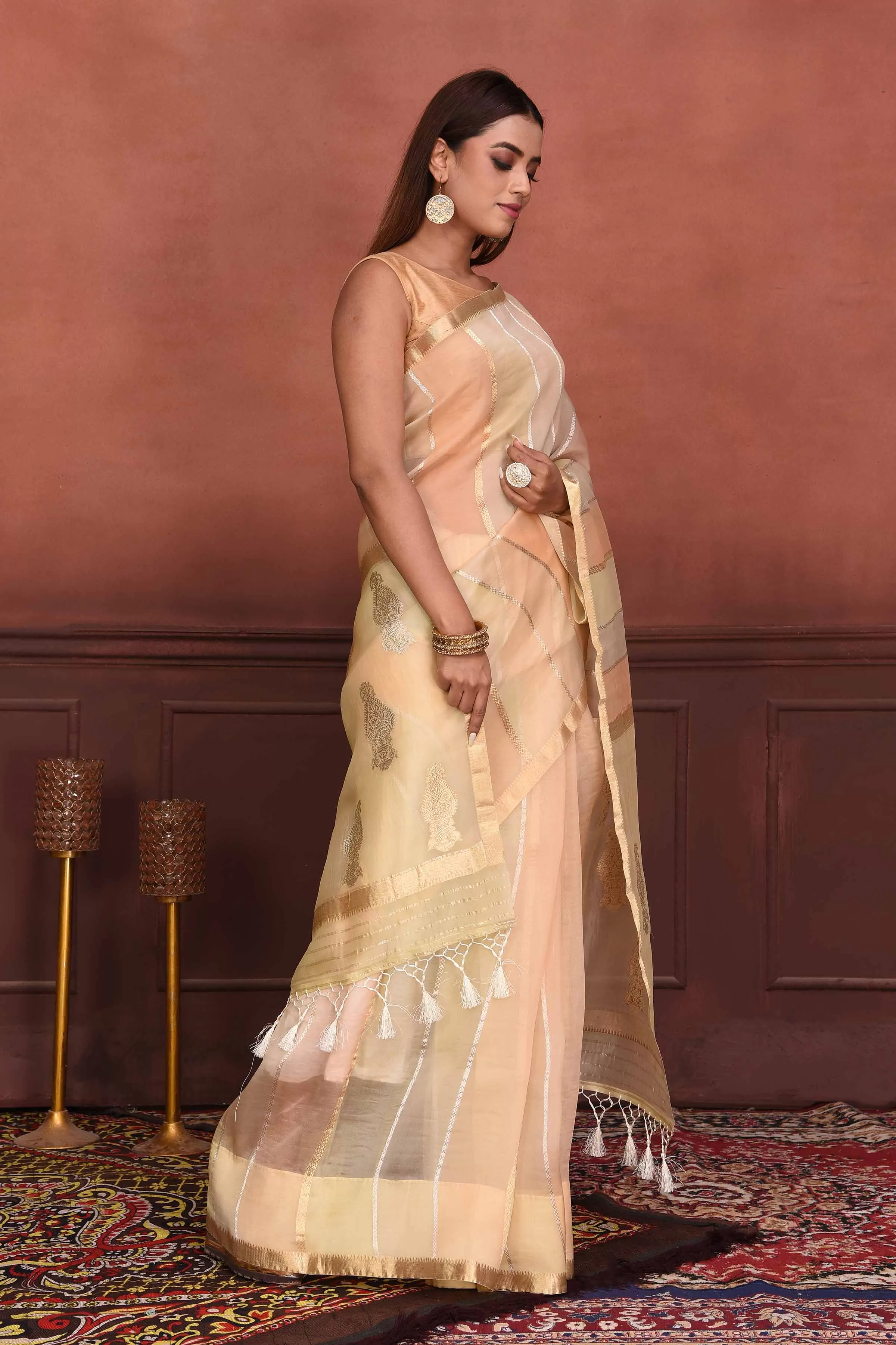 91A144 Peach Striped Zari Organza Banarasi Saree