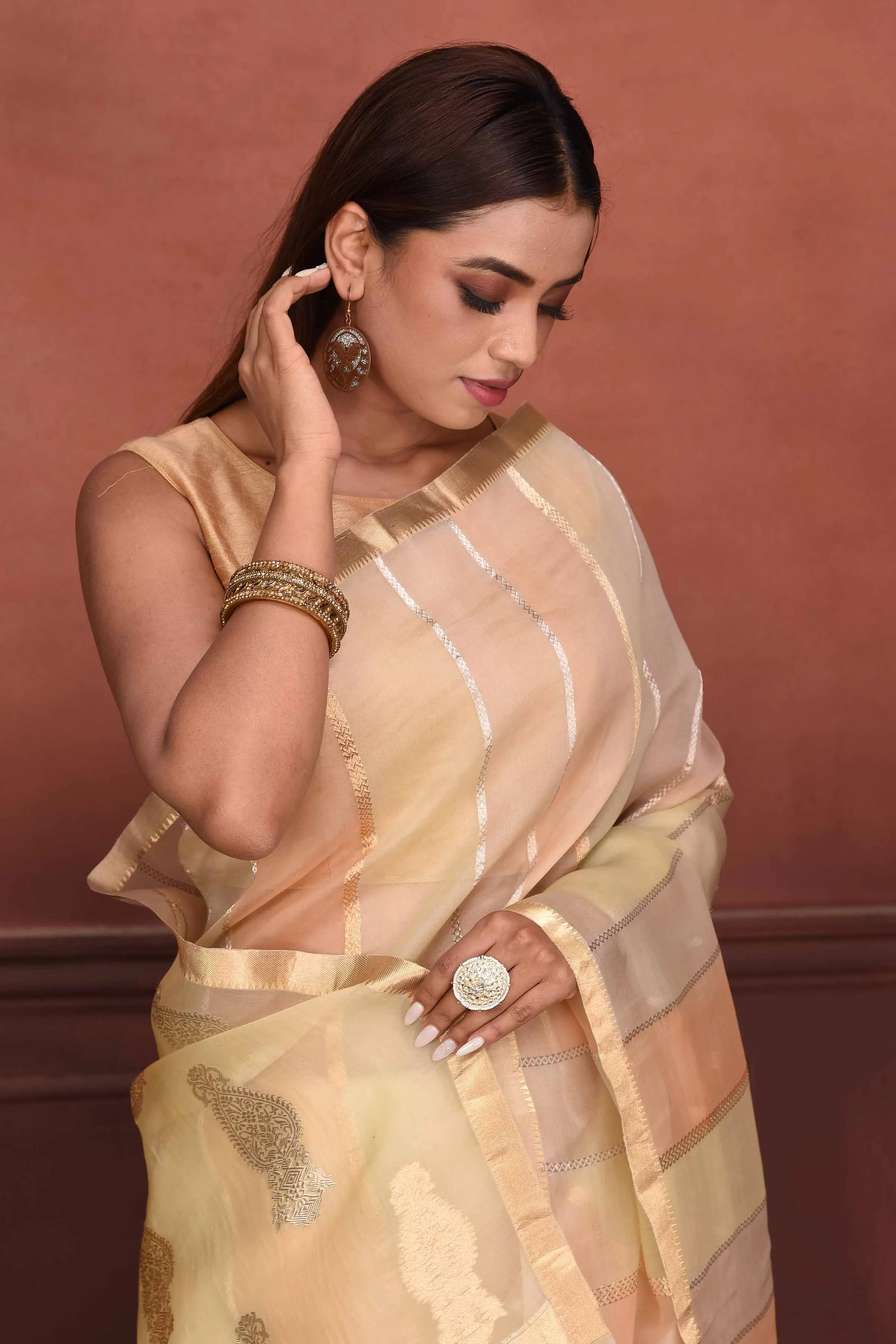 91A144 Peach Striped Zari Organza Banarasi Saree