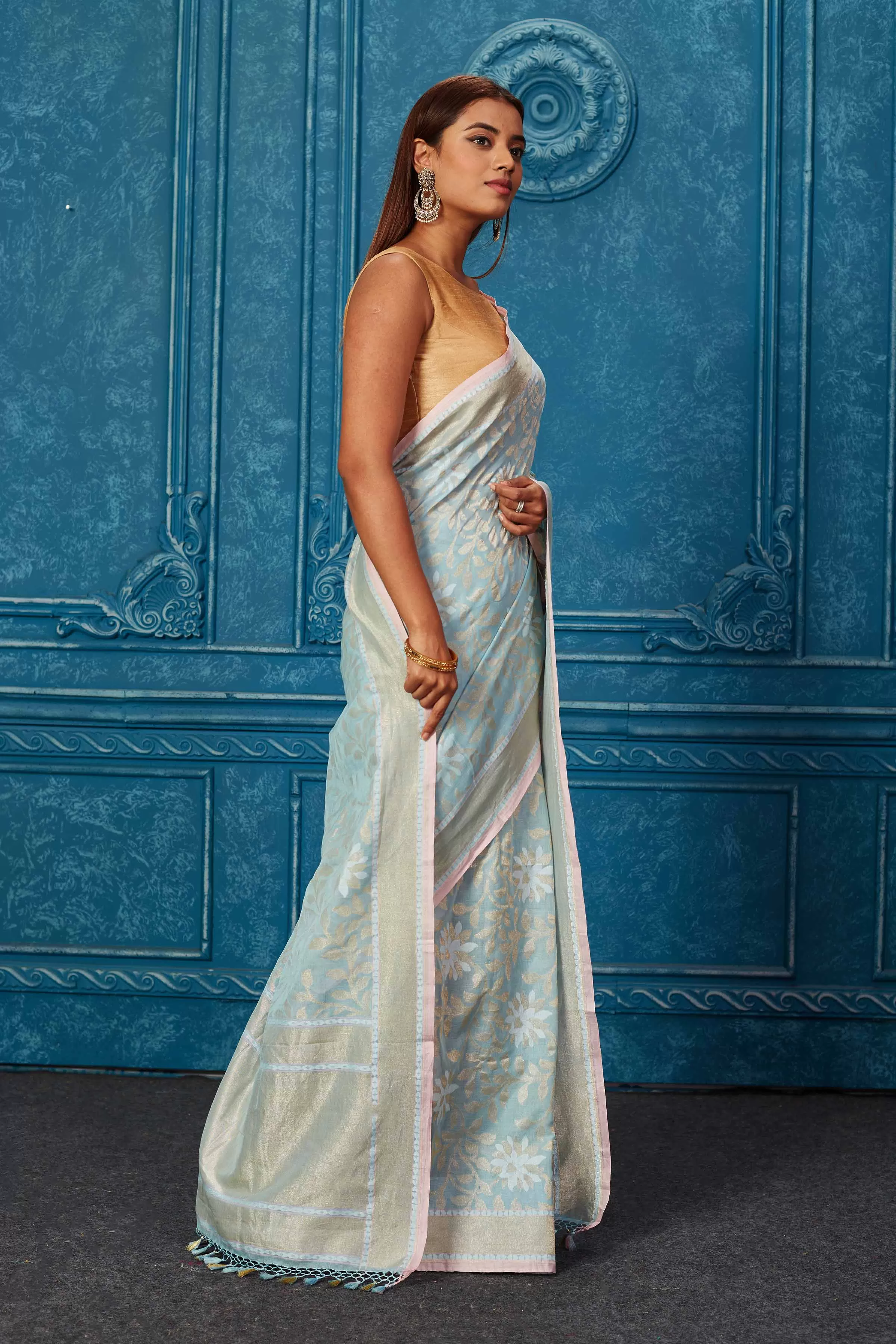 91A222 Powder Blue Banarasi Saree with Floral Zari Jaal