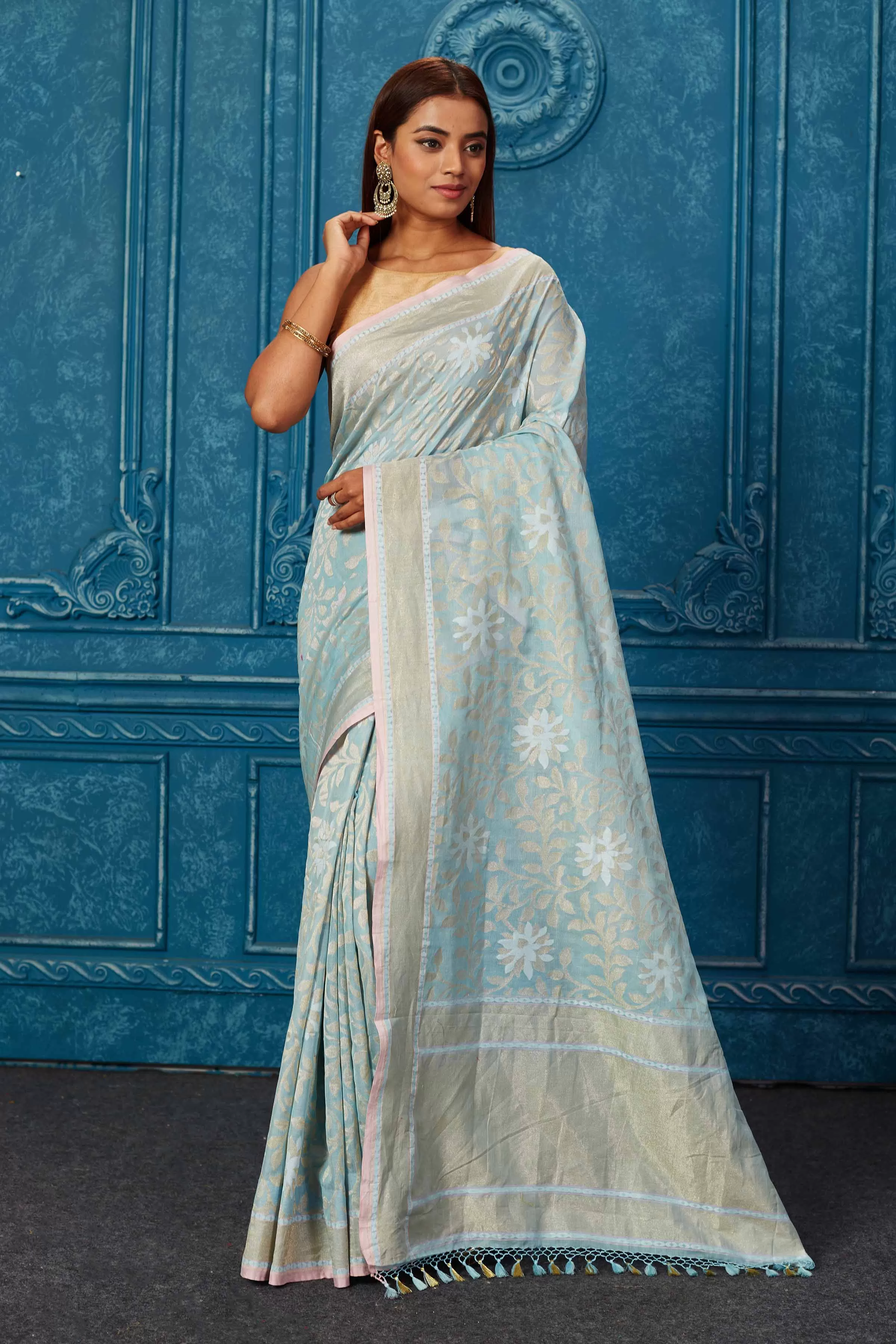 91A222 Powder Blue Banarasi Saree with Floral Zari Jaal