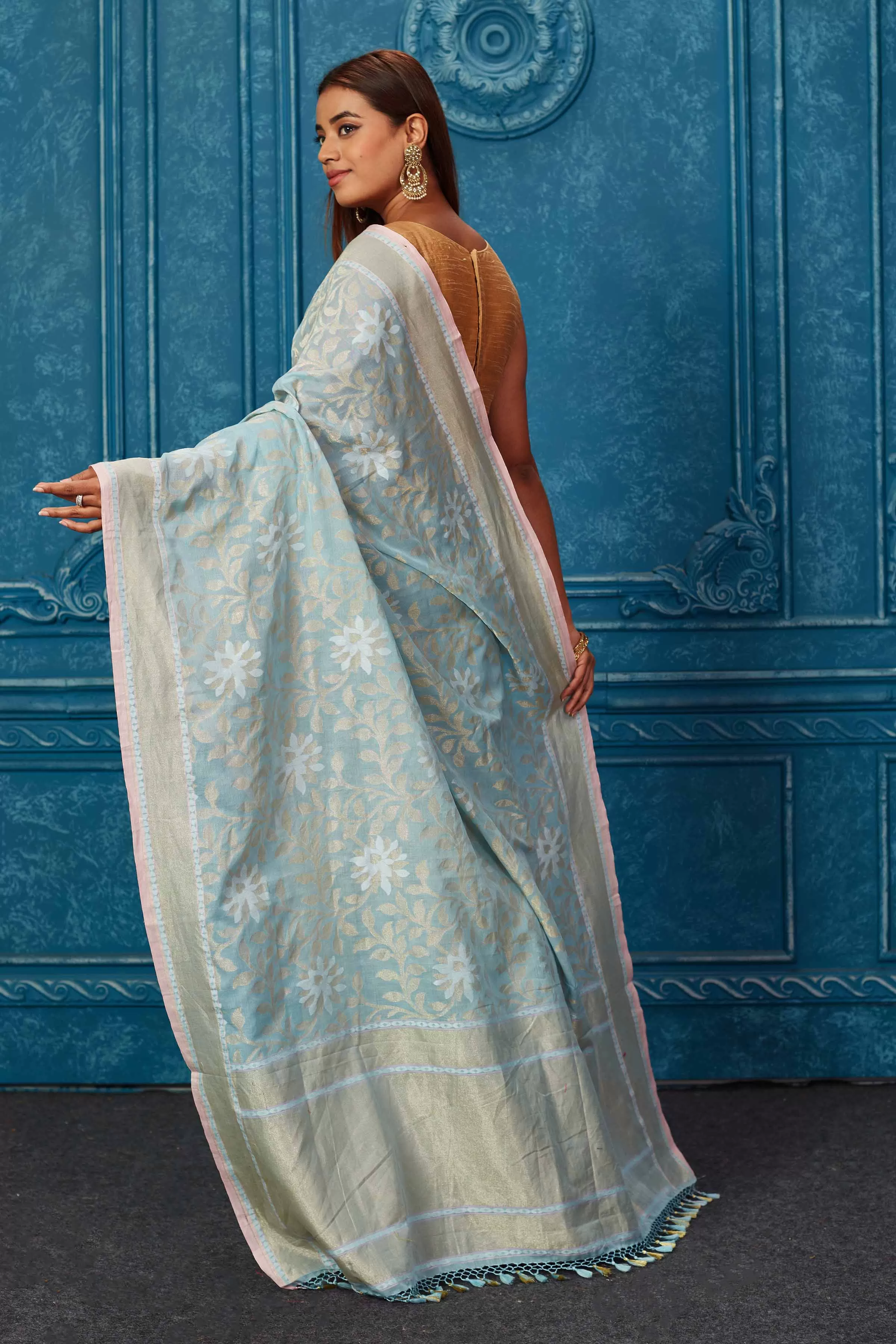 91A222 Powder Blue Banarasi Saree with Floral Zari Jaal