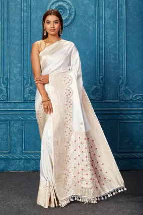 91A228 Off White Banarasi Saree with Zari Minakari Border